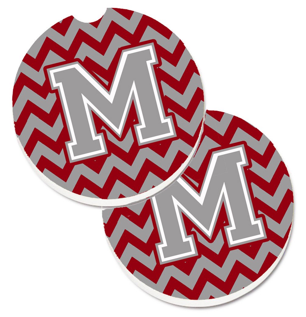 Letter M Chevron Crimson and Grey   Set of 2 Cup Holder Car Coasters CJ1043-MCARC by Caroline's Treasures