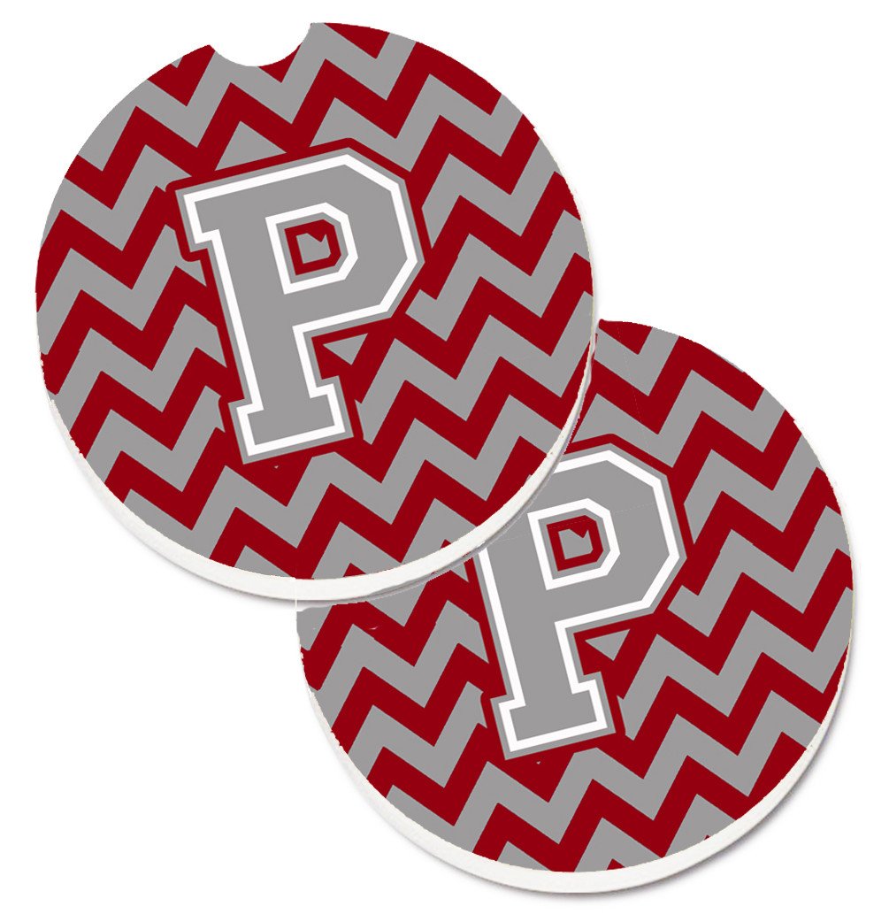 Letter P Chevron Crimson and Grey   Set of 2 Cup Holder Car Coasters CJ1043-PCARC by Caroline's Treasures