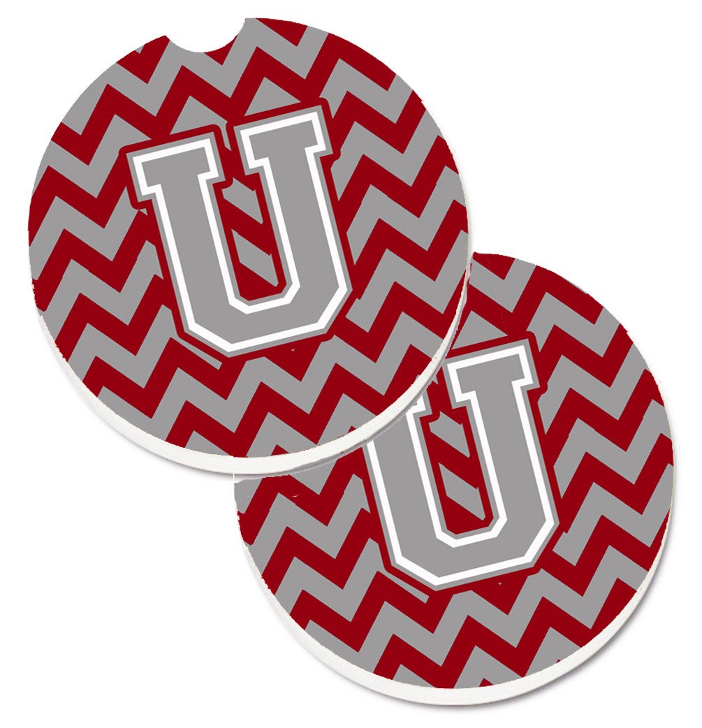 Letter U Chevron Crimson and Grey   Set of 2 Cup Holder Car Coasters CJ1043-UCARC by Caroline's Treasures