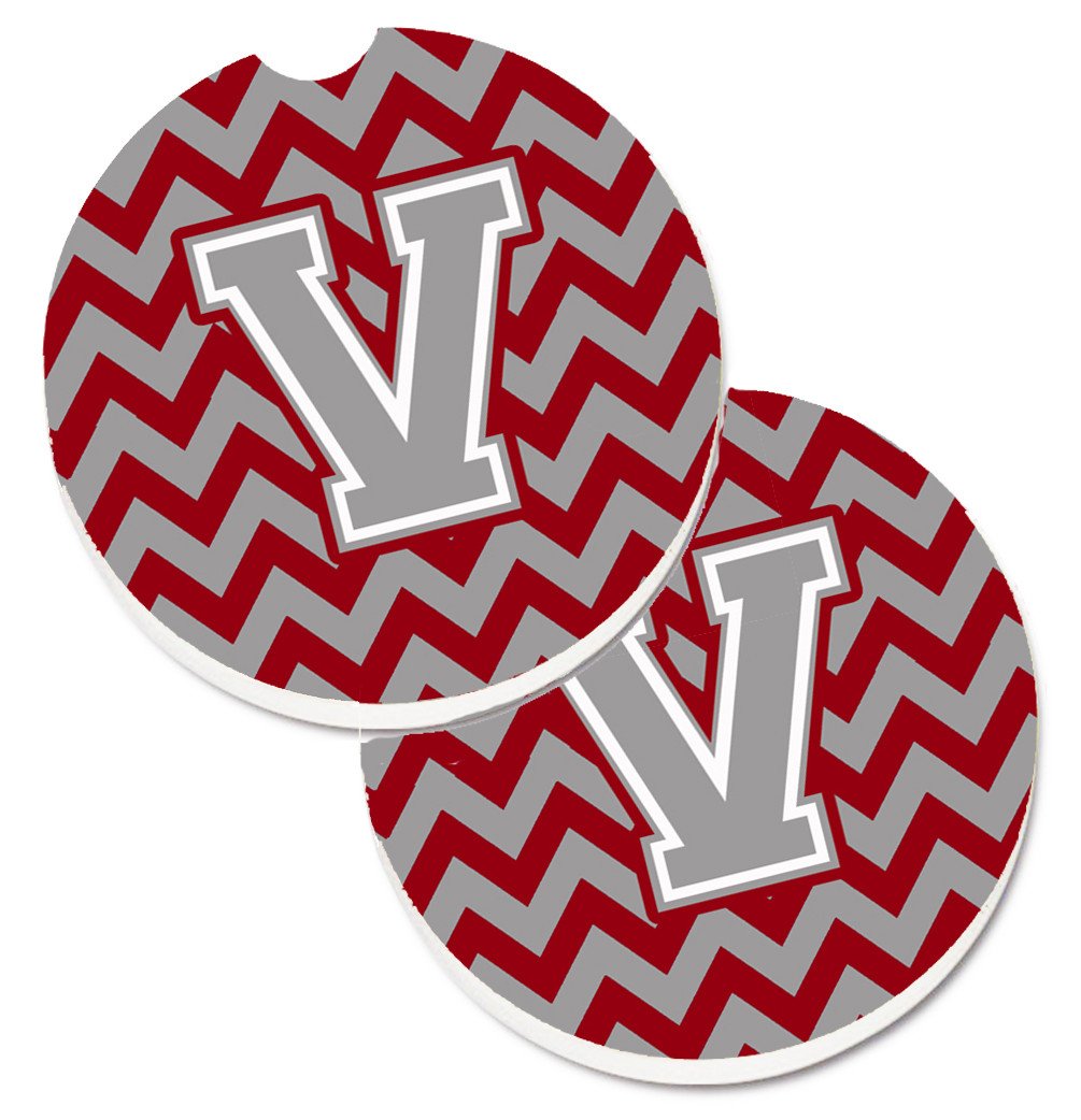 Letter V Chevron Crimson and Grey   Set of 2 Cup Holder Car Coasters CJ1043-VCARC by Caroline's Treasures