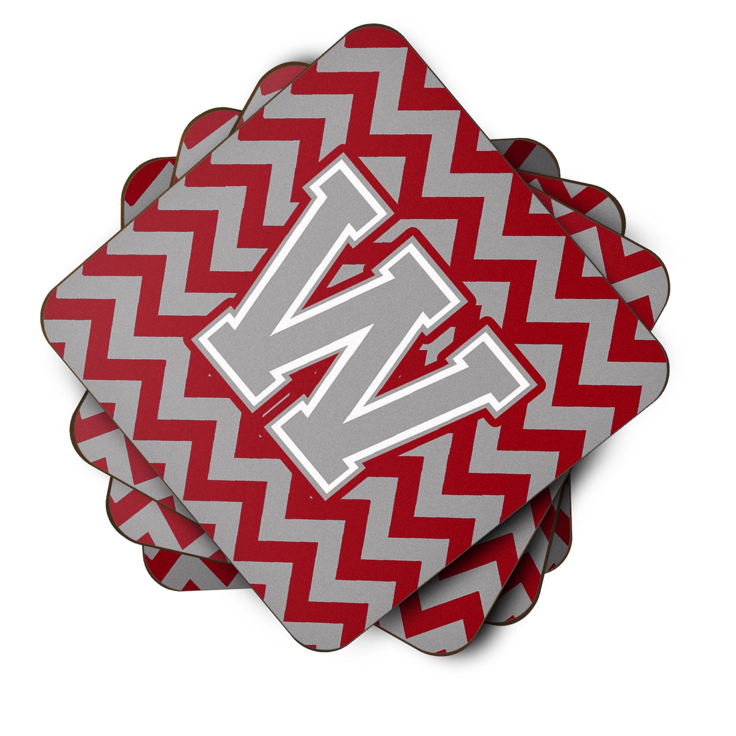 Letter W Chevron Crimson and Grey   Foam Coaster Set of 4 CJ1043-WFC - the-store.com