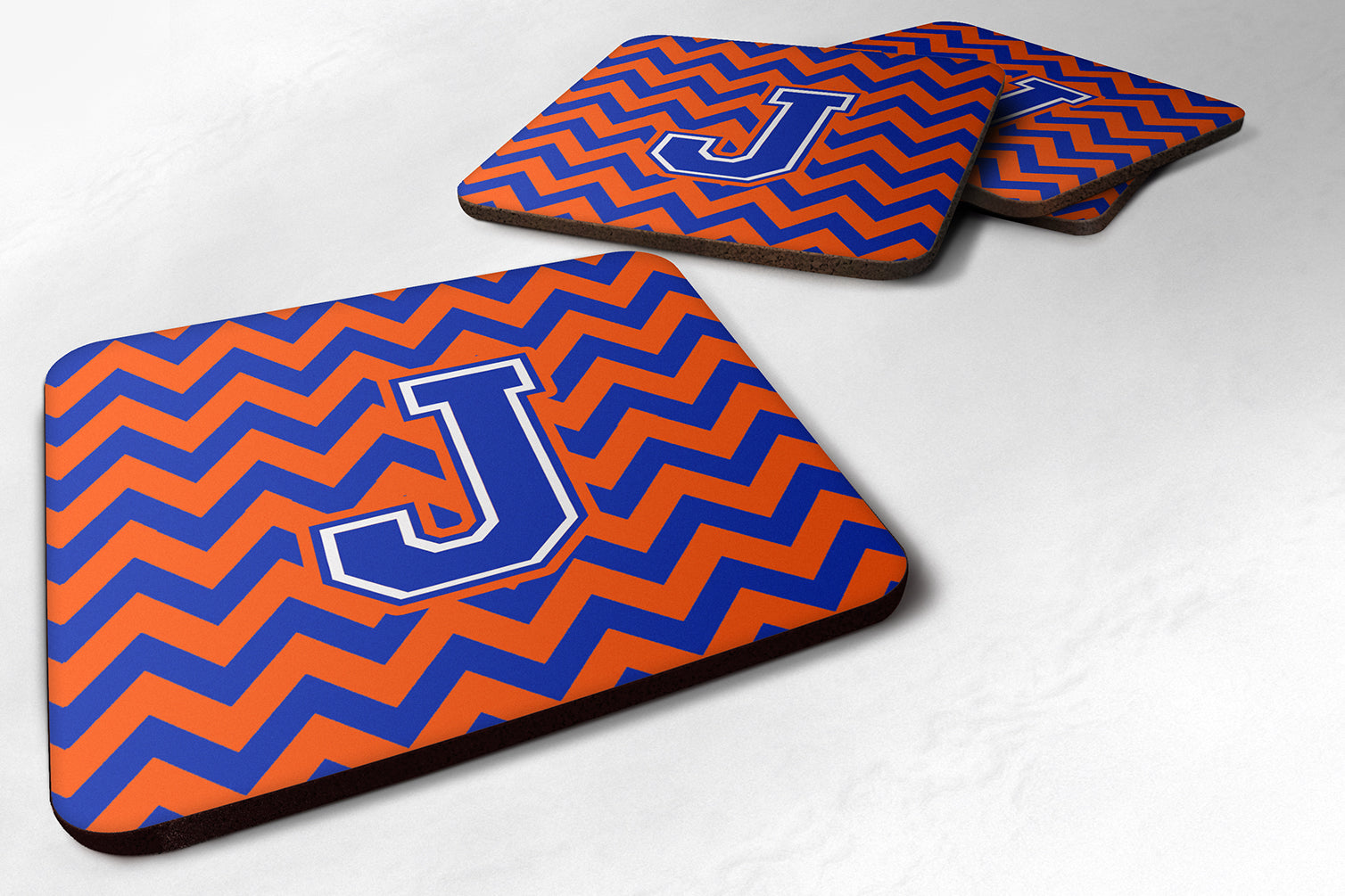 Letter J Chevron Orange and Blue Foam Coaster Set of 4 CJ1044-JFC - the-store.com