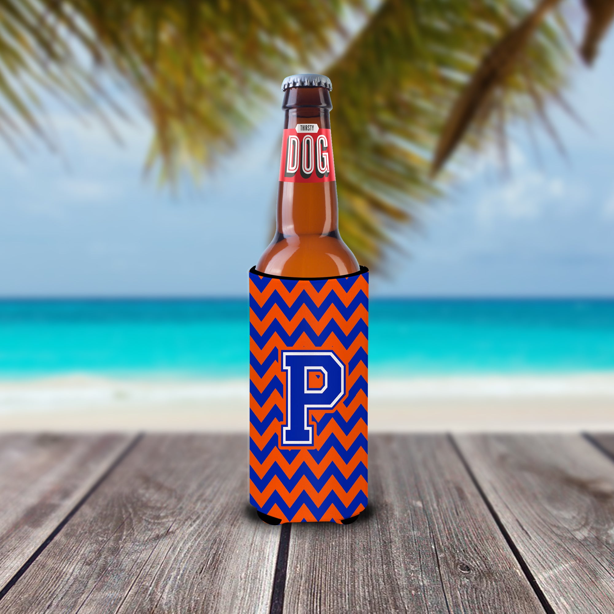 Letter P Chevron Orange and Blue Ultra Beverage Insulators for slim cans CJ1044-PMUK.