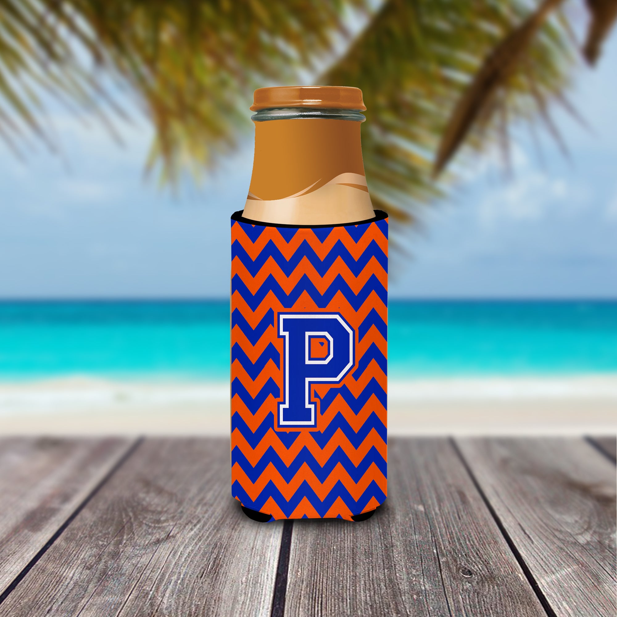 Letter P Chevron Orange and Blue Ultra Beverage Insulators for slim cans CJ1044-PMUK.