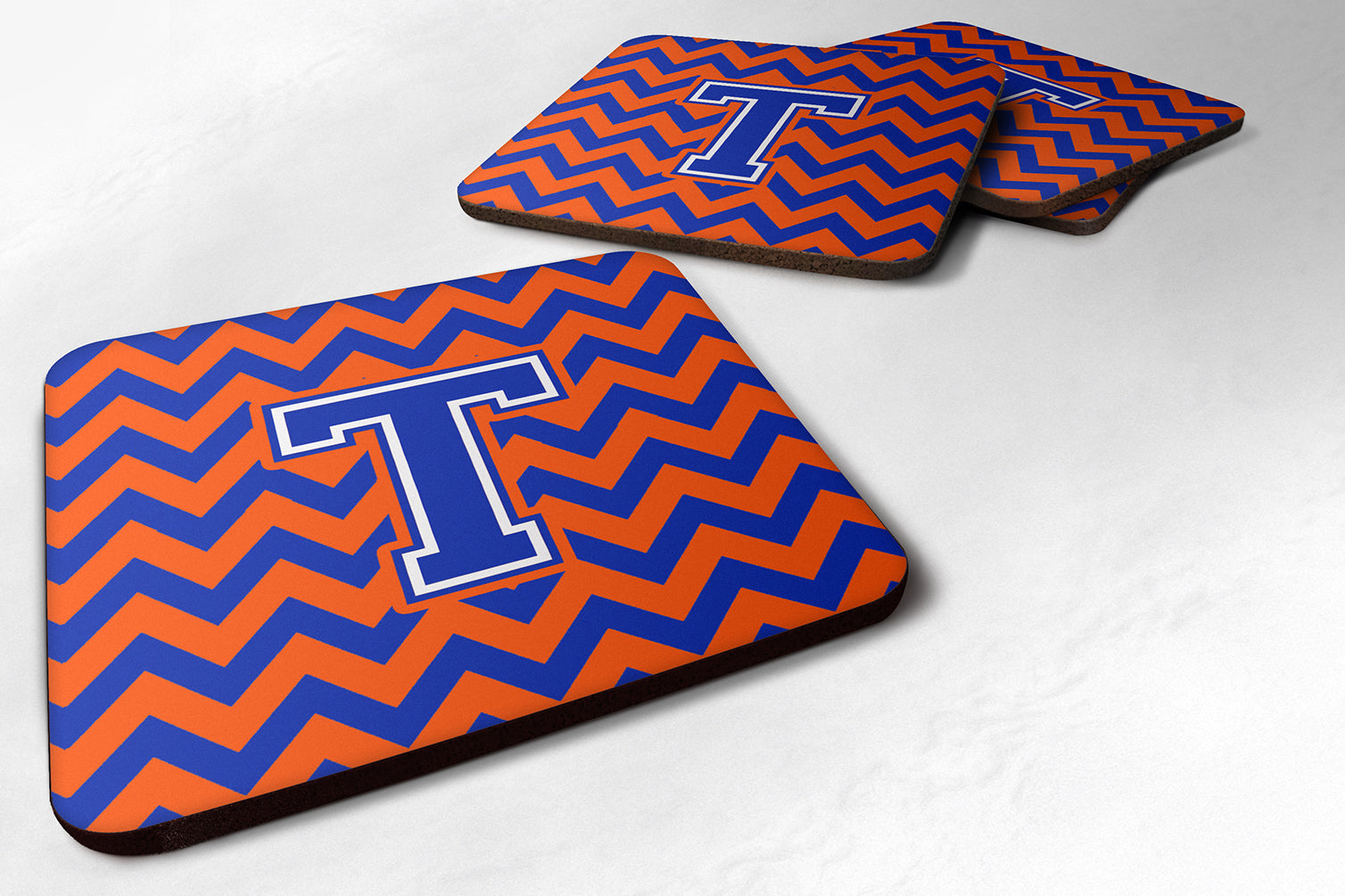 Letter T Chevron Orange and Blue Foam Coaster Set of 4 CJ1044-TFC - the-store.com