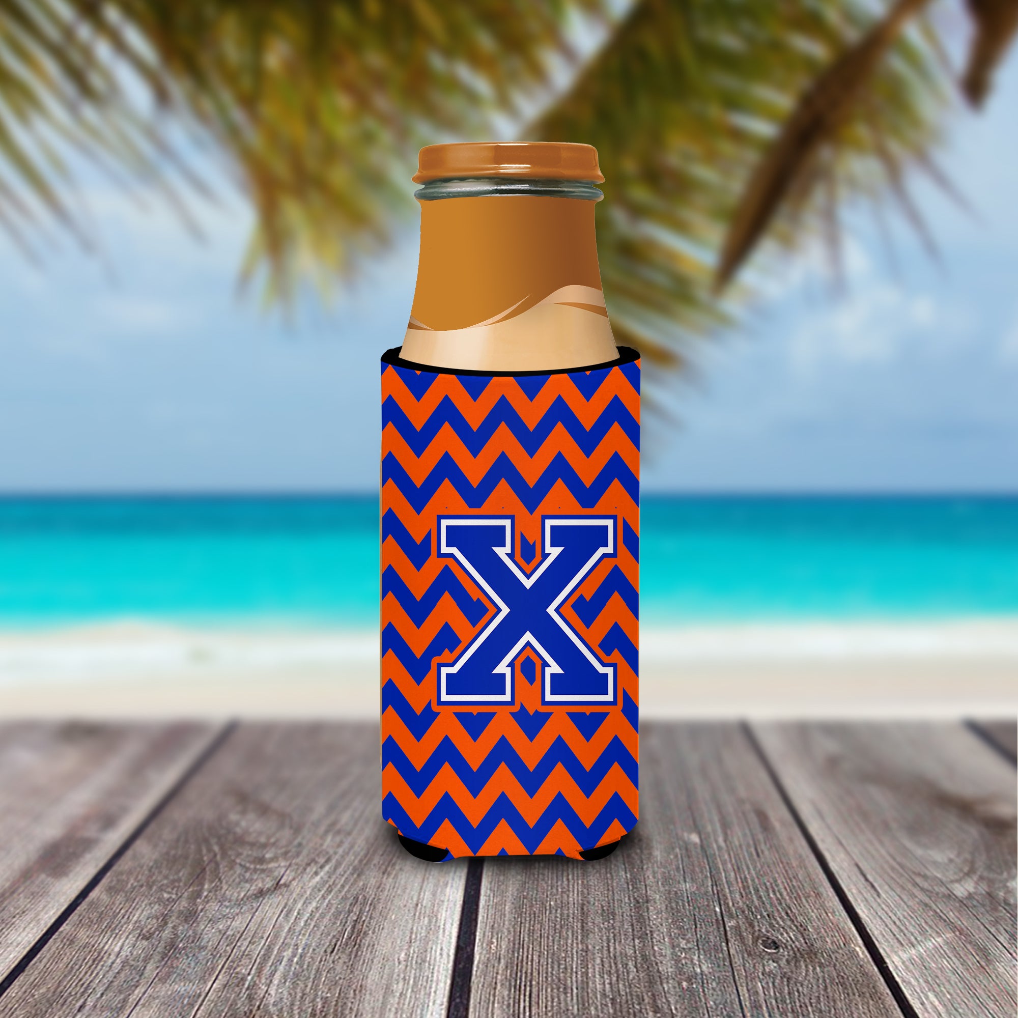 Letter X Chevron Orange and Blue Ultra Beverage Insulators for slim cans CJ1044-XMUK.