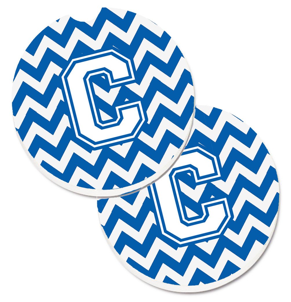 Letter C Chevron Blue and White Set of 2 Cup Holder Car Coasters CJ1045-CCARC by Caroline&#39;s Treasures