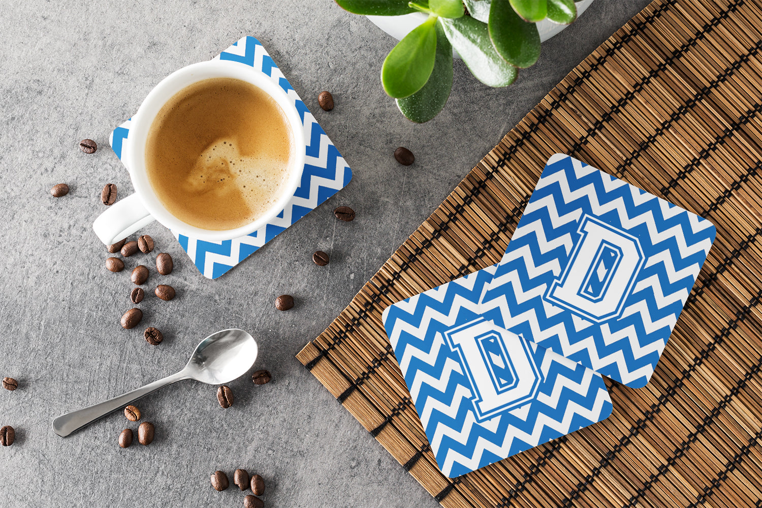 Letter D Chevron Blue and White Foam Coaster Set of 4 CJ1045-DFC - the-store.com