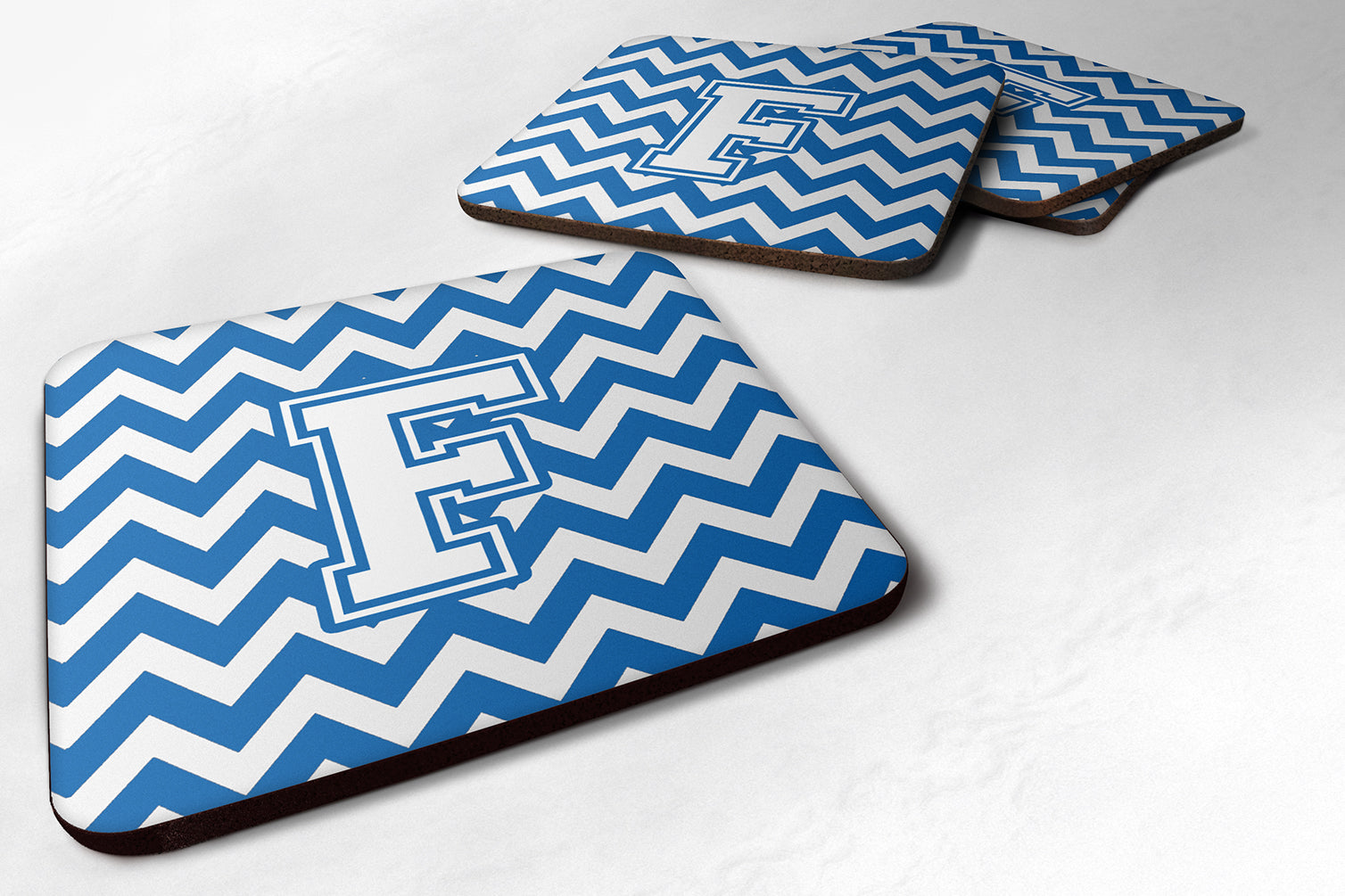 Letter F Chevron Blue and White Foam Coaster Set of 4 CJ1045-FFC - the-store.com