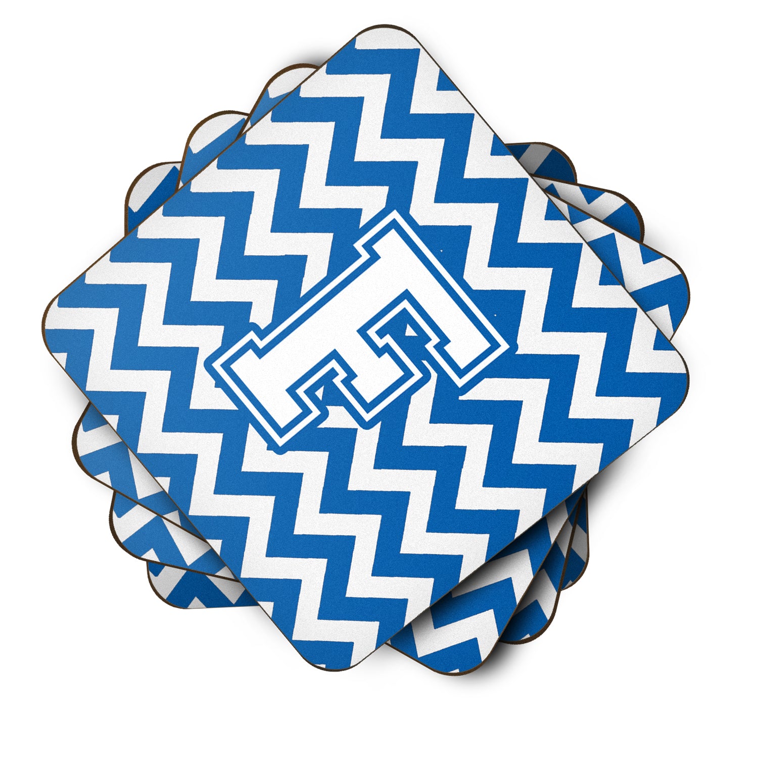 Letter F Chevron Blue and White Foam Coaster Set of 4 CJ1045-FFC - the-store.com