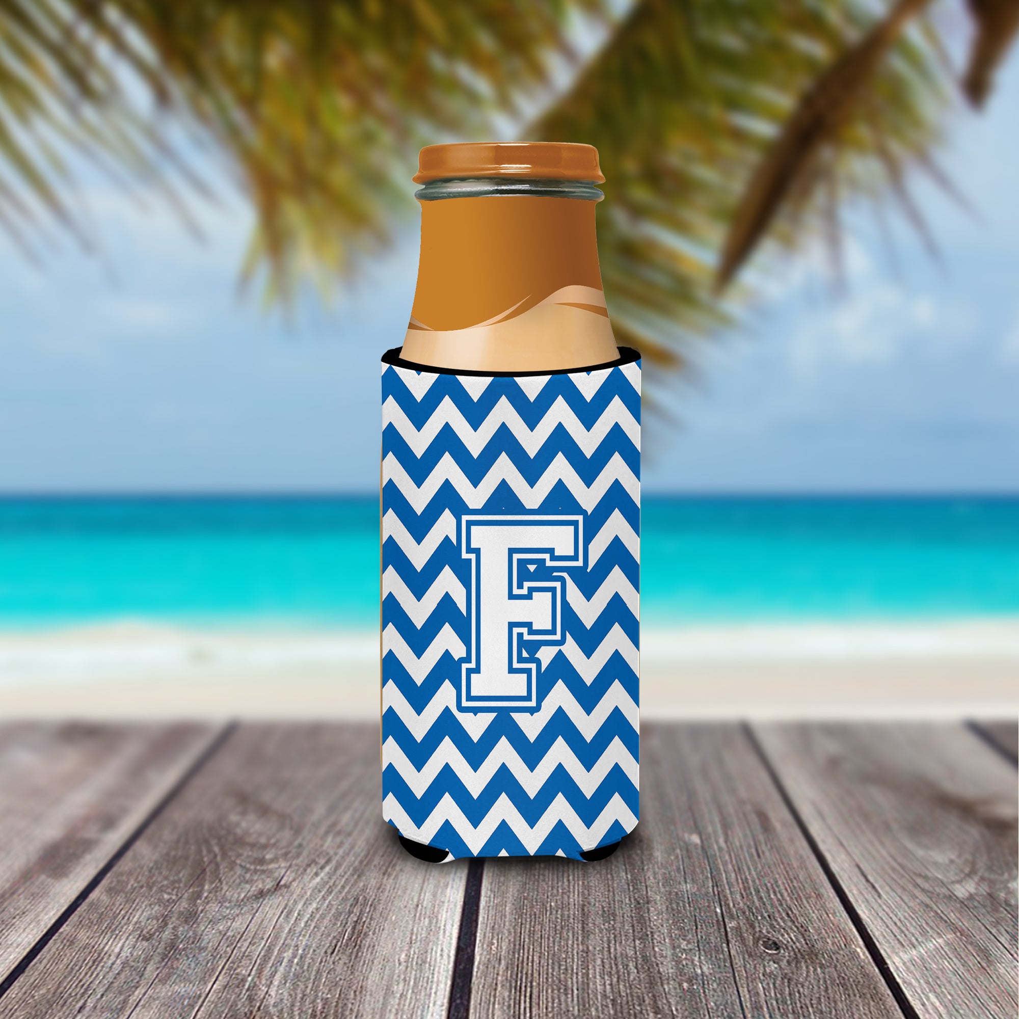 Letter F Chevron Blue and White Ultra Beverage Insulators for slim cans CJ1045-FMUK.