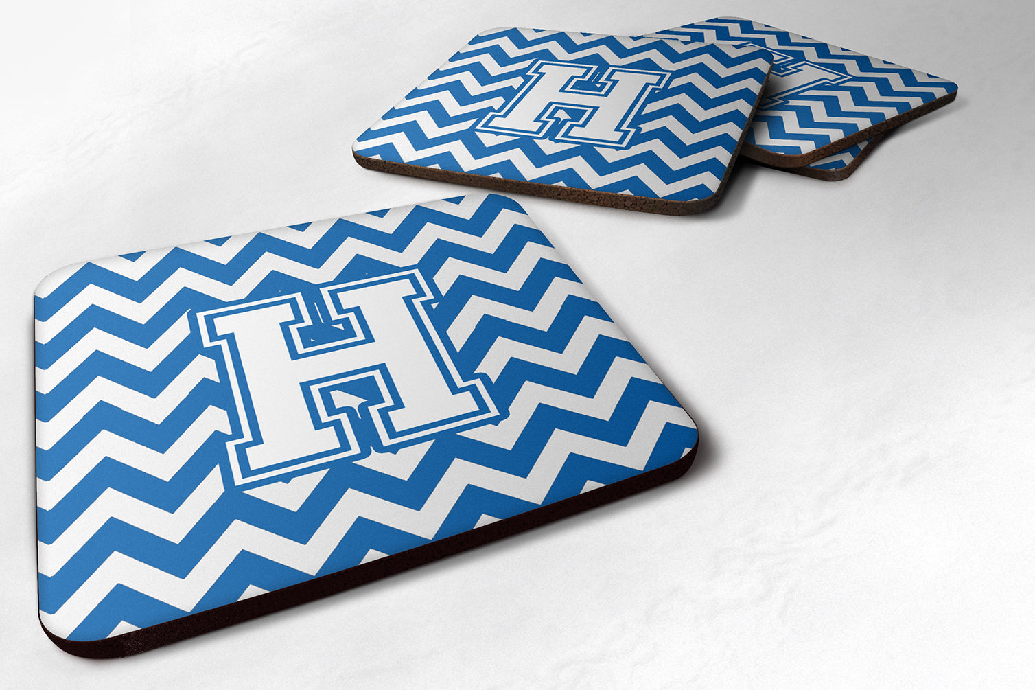 Letter H Chevron Blue and White Foam Coaster Set of 4 CJ1045-HFC - the-store.com