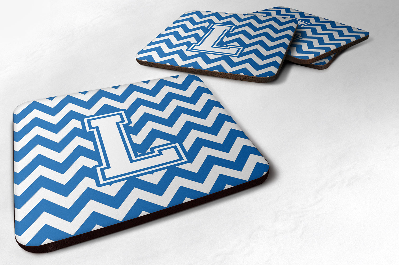 Letter L Chevron Blue and White Foam Coaster Set of 4 CJ1045-LFC - the-store.com