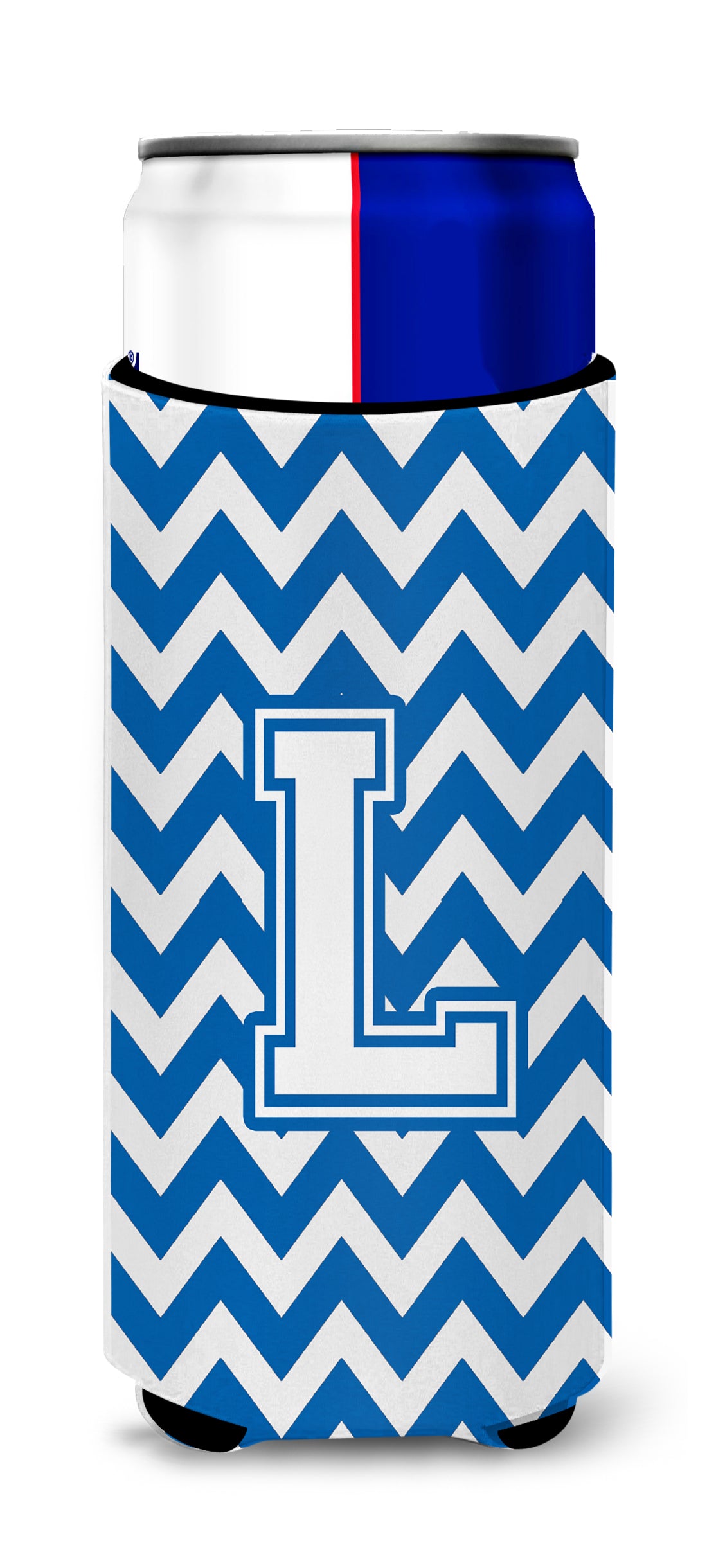 Letter L Chevron Blue and White Ultra Beverage Insulators for slim cans CJ1045-LMUK.