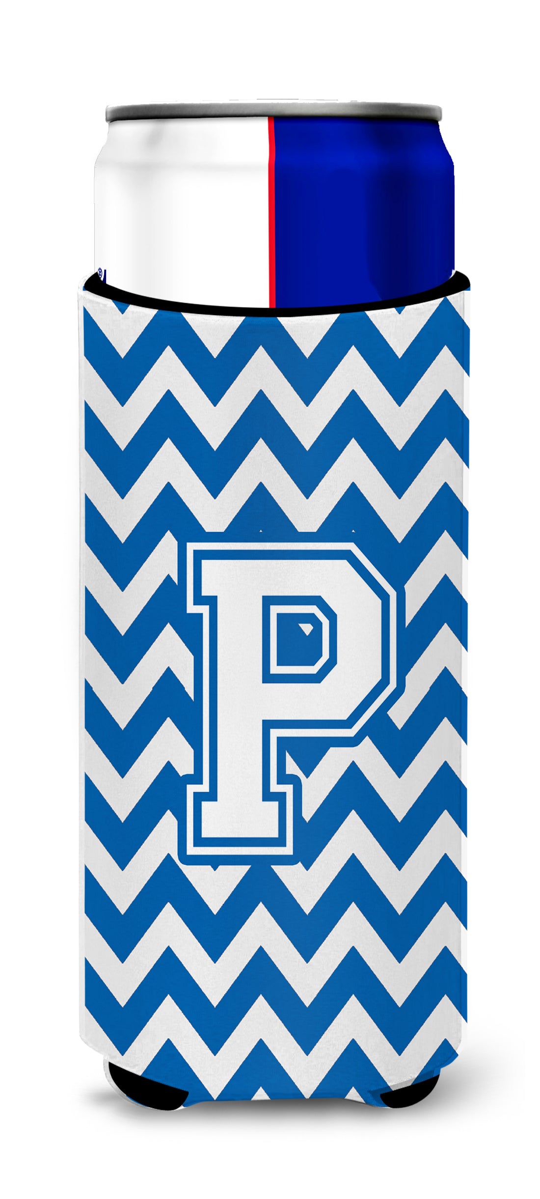 Letter P Chevron Blue and White Ultra Beverage Insulators for slim cans CJ1045-PMUK.