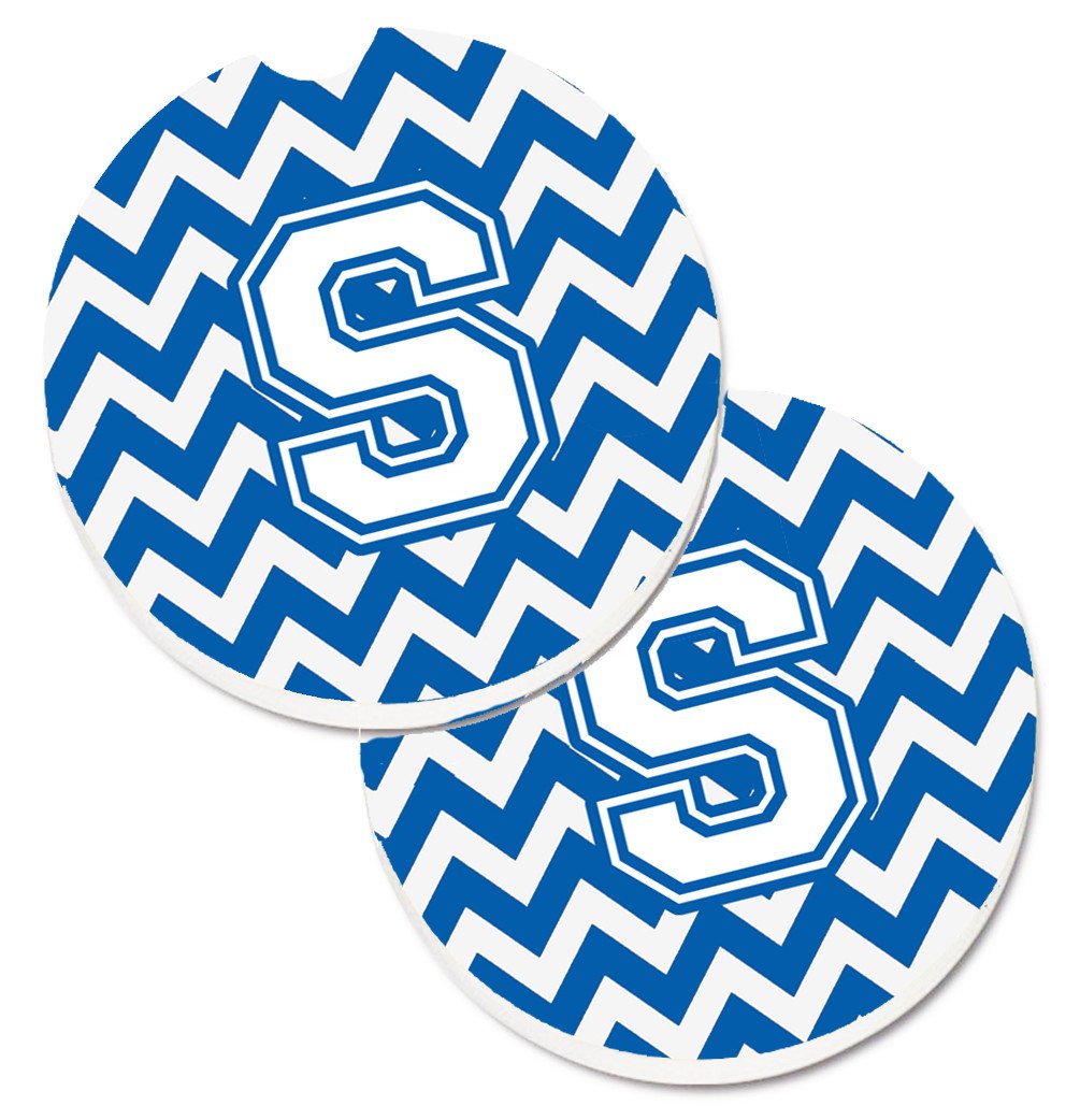 Letter S Chevron Blue and White Set of 2 Cup Holder Car Coasters CJ1045-SCARC by Caroline&#39;s Treasures