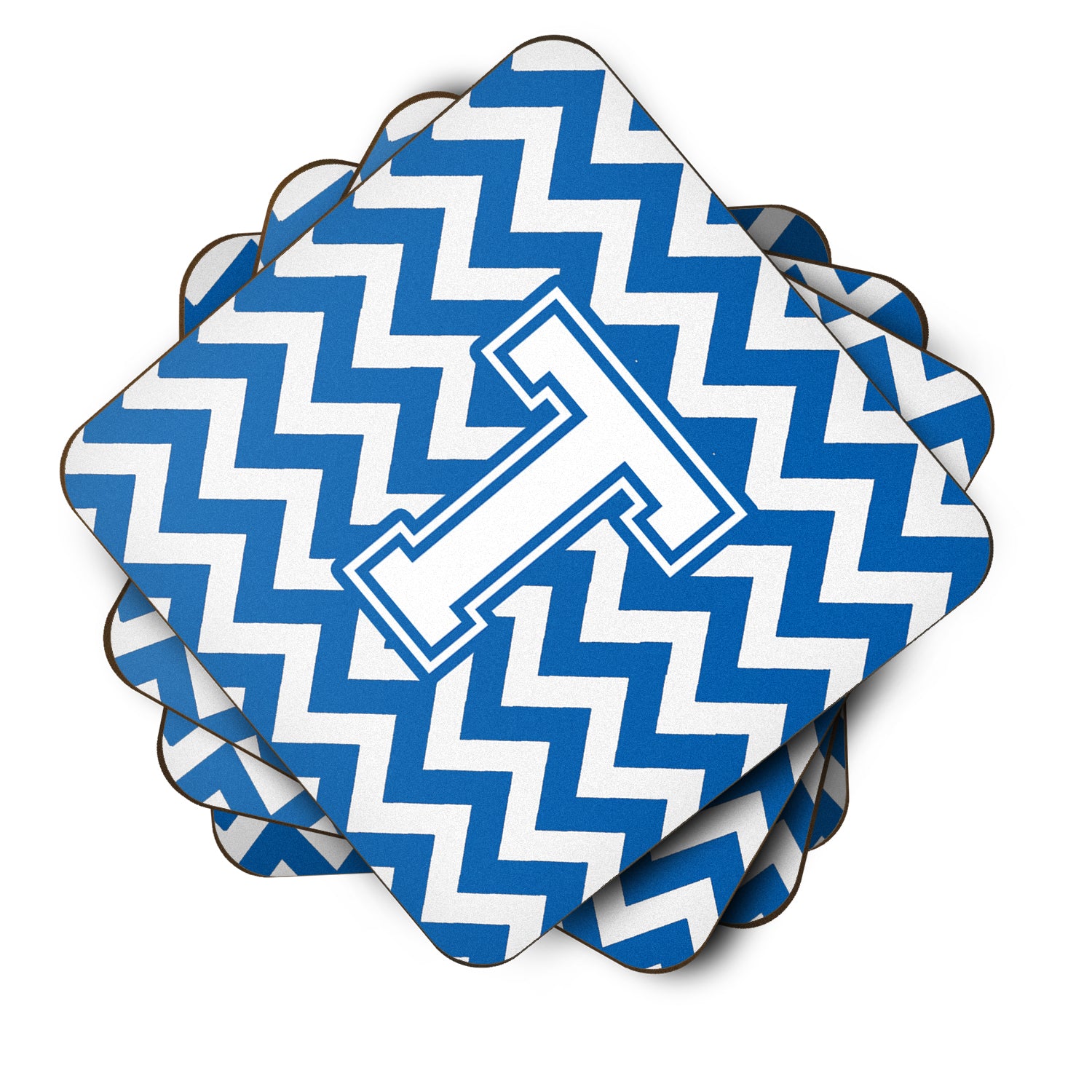 Letter T Chevron Blue and White Foam Coaster Set of 4 CJ1045-TFC - the-store.com