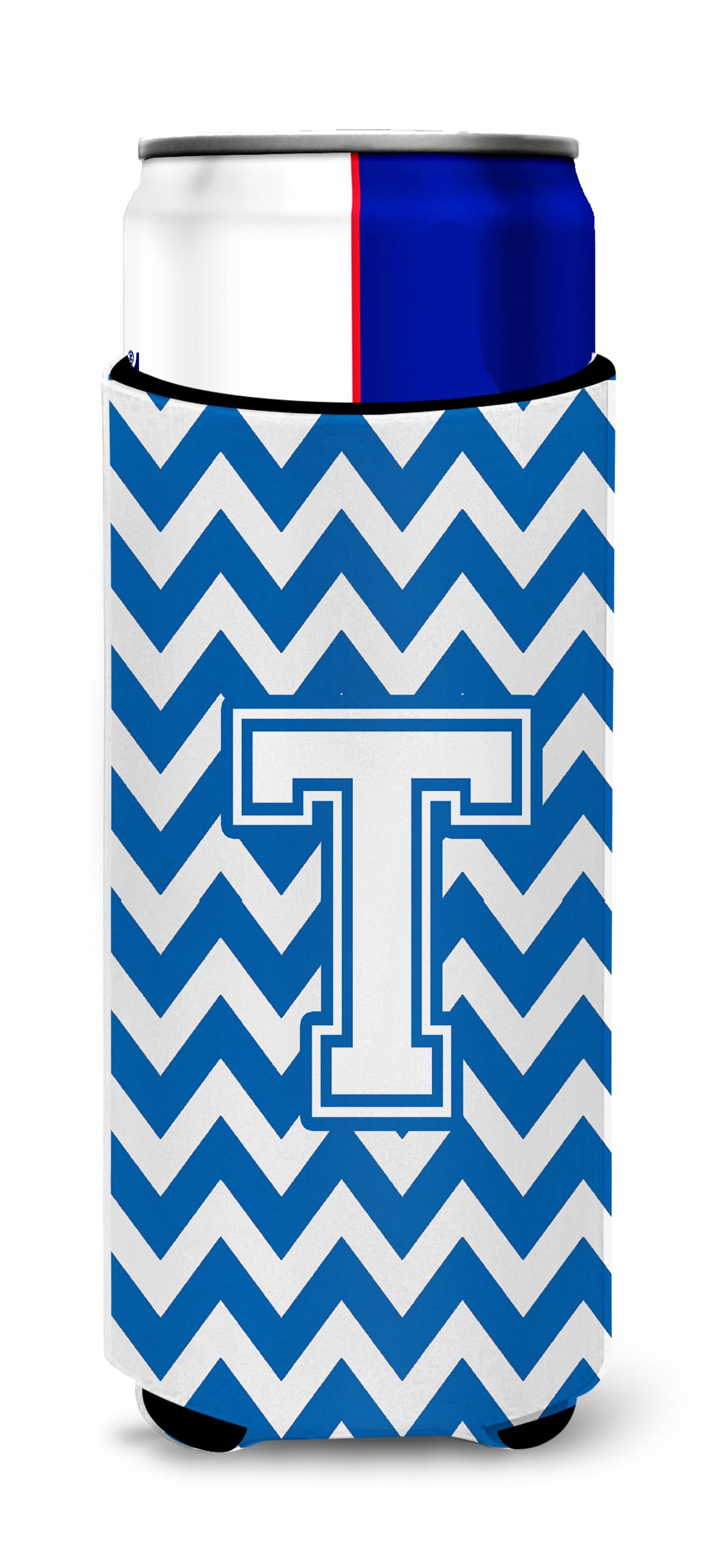 Letter T Chevron Blue and White Ultra Beverage Insulators for slim cans CJ1045-TMUK.