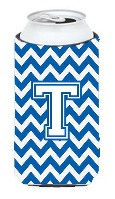 Letter T Chevron Blue and White Tall Boy Beverage Insulator Hugger CJ1045-TTBC by Caroline&#39;s Treasures