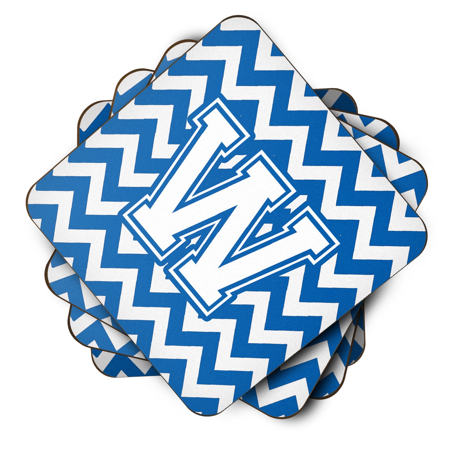 Letter W Chevron Blue and White Foam Coaster Set of 4 CJ1045-WFC - the-store.com