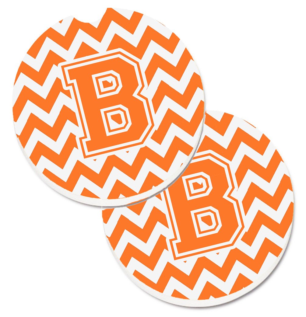 Letter B Chevron Orange and White Set of 2 Cup Holder Car Coasters CJ1046-BCARC by Caroline's Treasures