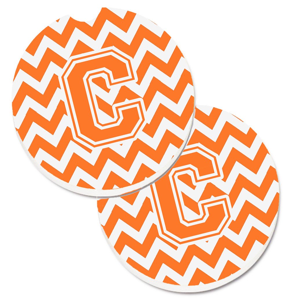 Letter C Chevron Orange and White Set of 2 Cup Holder Car Coasters CJ1046-CCARC by Caroline&#39;s Treasures