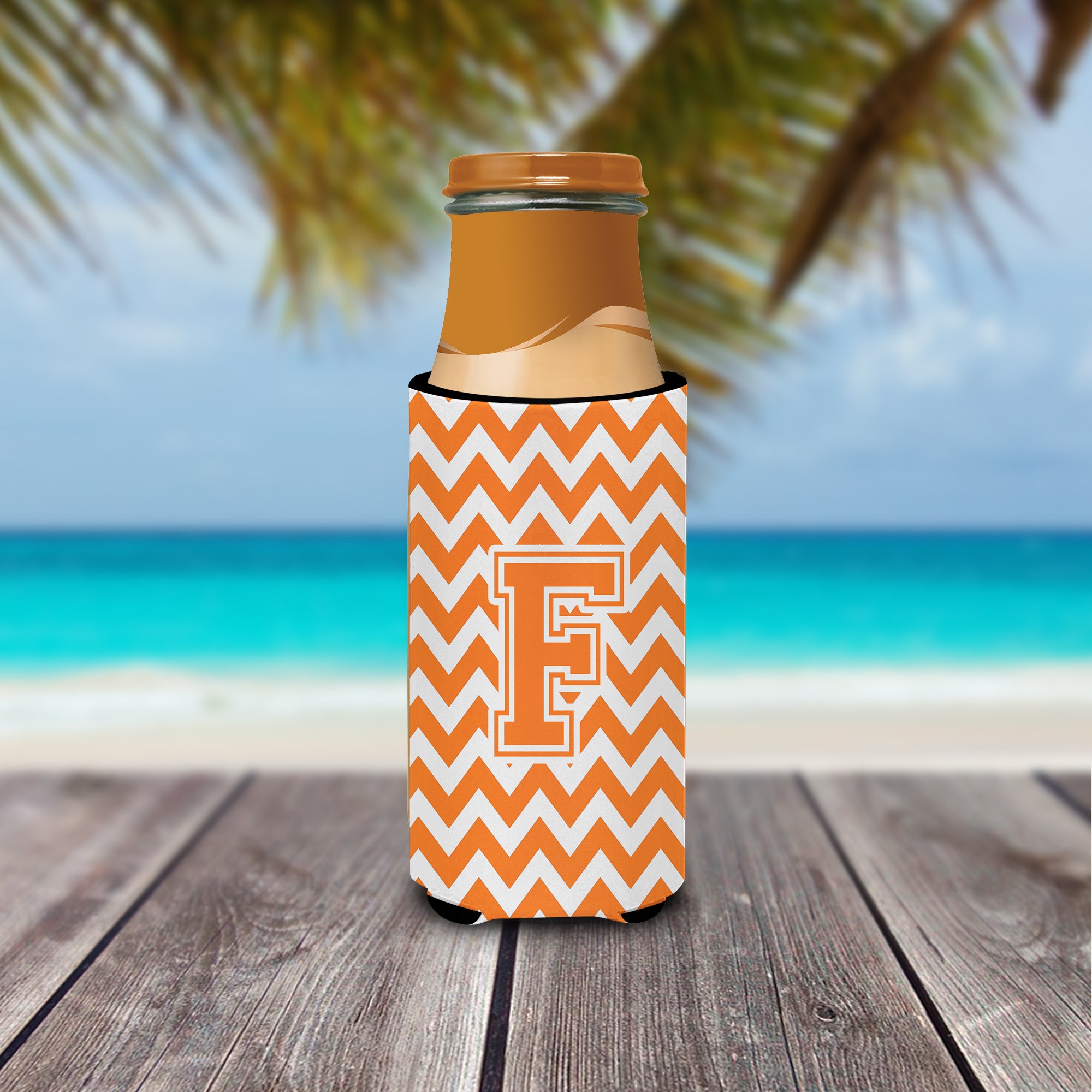 Letter F Chevron Orange and White Ultra Beverage Insulators for slim cans CJ1046-FMUK.