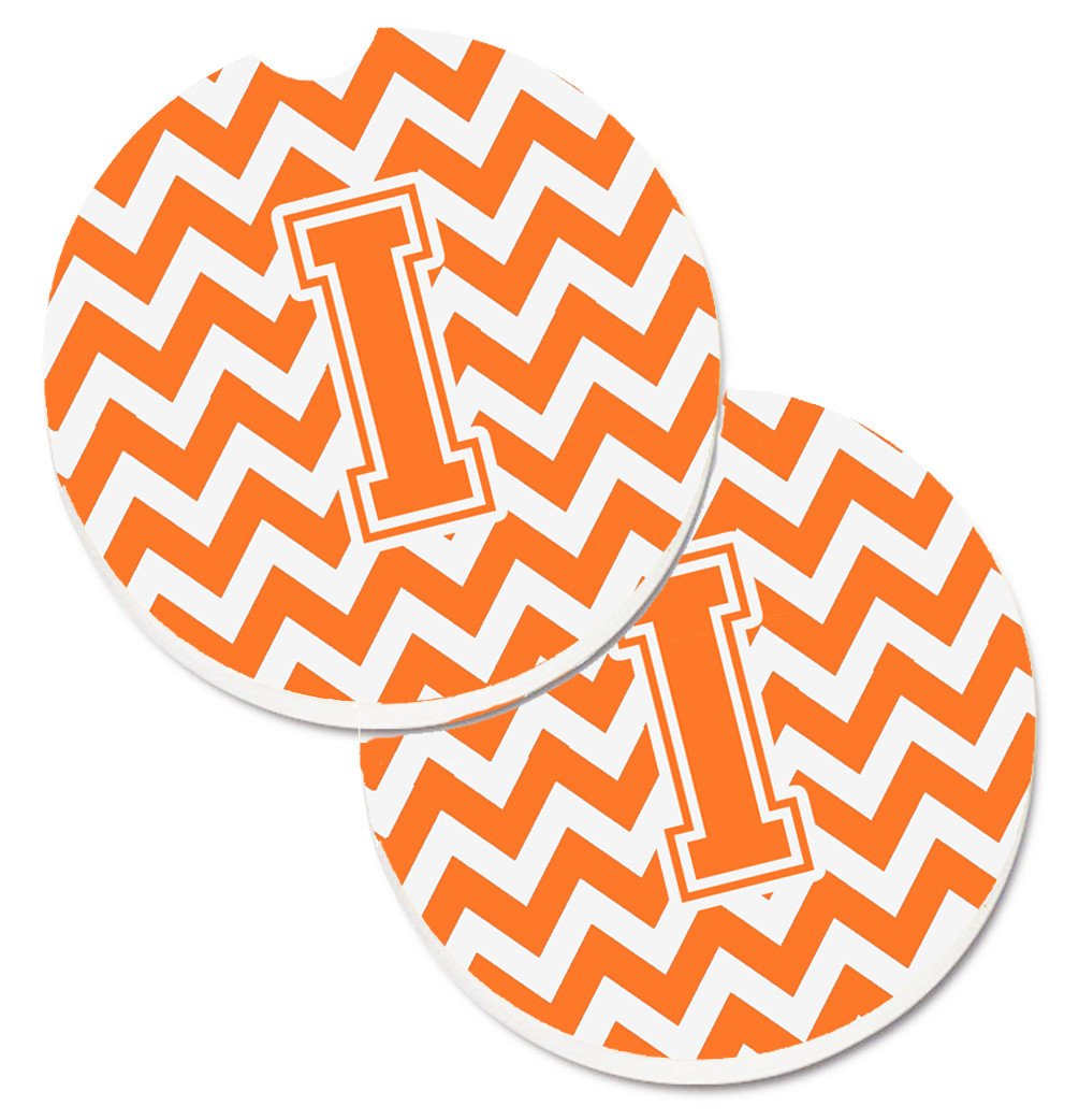 Letter I Chevron Orange and White Set of 2 Cup Holder Car Coasters CJ1046-ICARC by Caroline&#39;s Treasures