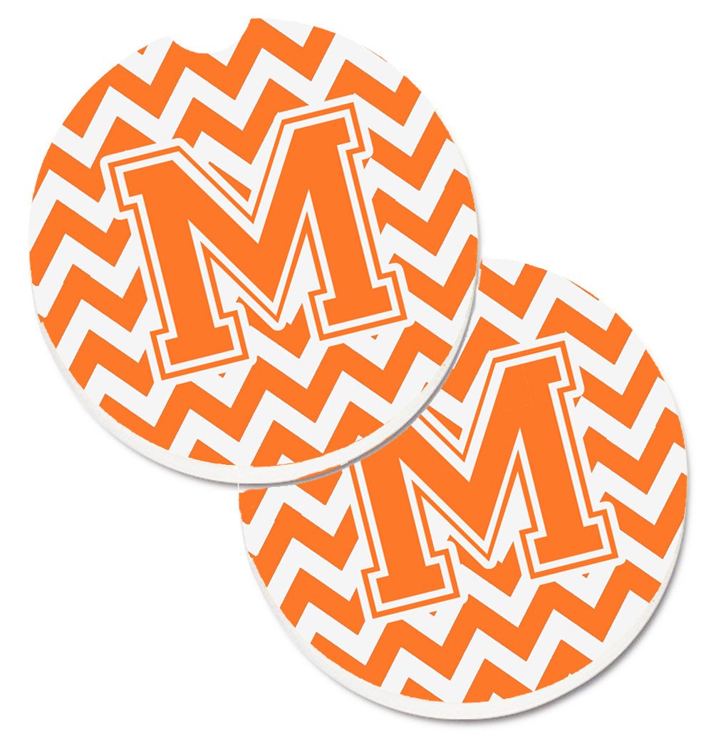 Letter M Chevron Orange and White Set of 2 Cup Holder Car Coasters CJ1046-MCARC by Caroline's Treasures