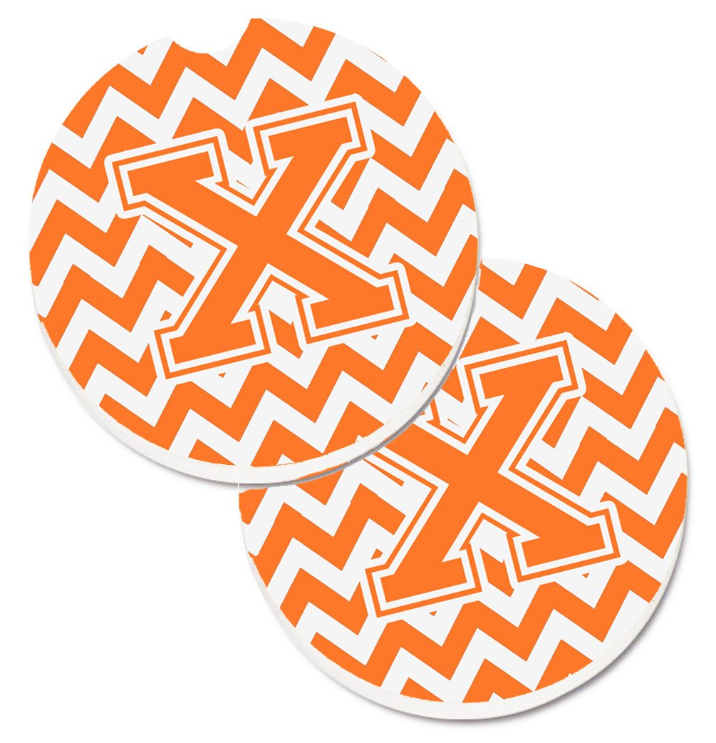 Letter X Chevron Orange and White Set of 2 Cup Holder Car Coasters CJ1046-XCARC by Caroline&#39;s Treasures