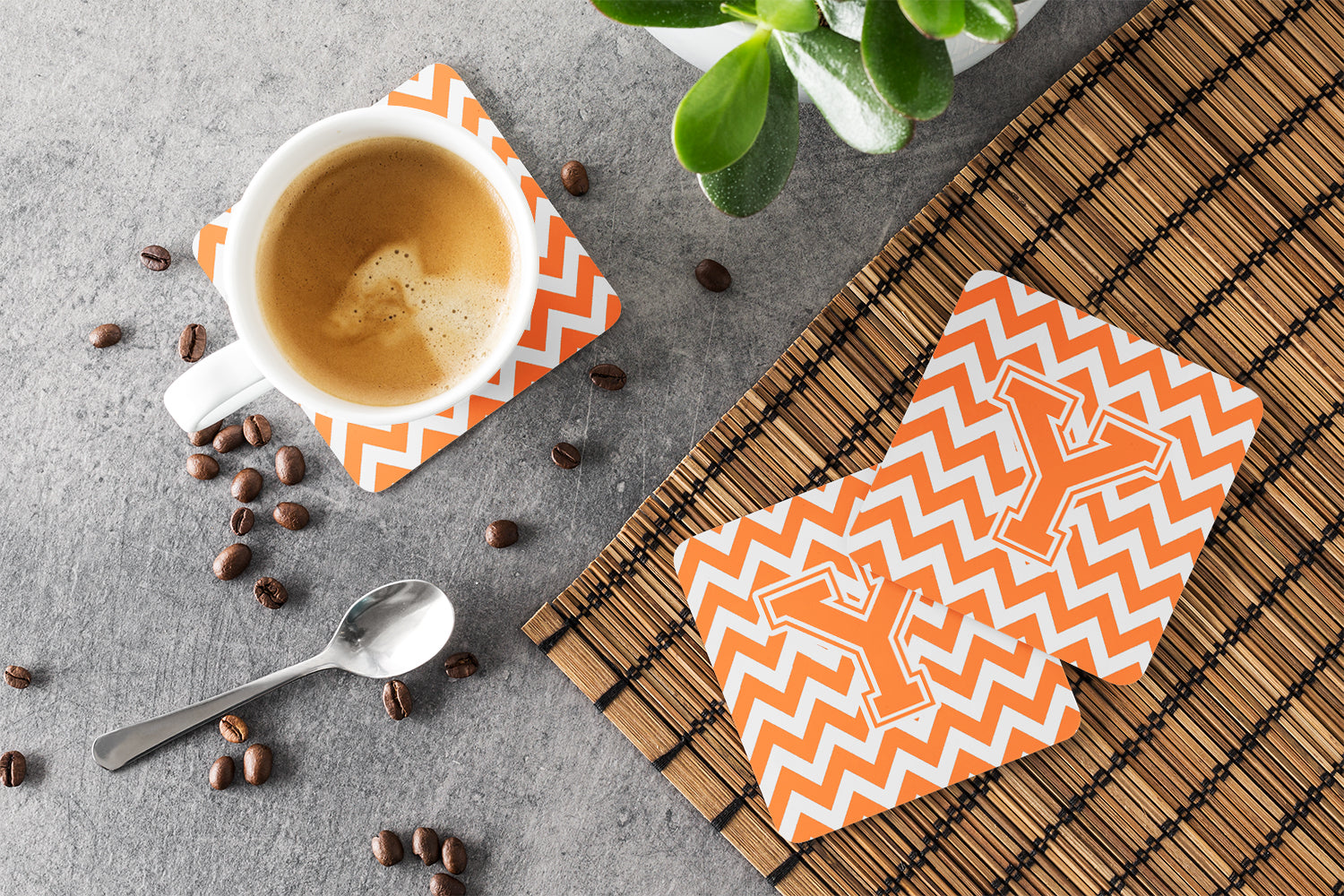 Letter Y Chevron Orange and White Foam Coaster Set of 4 CJ1046-YFC - the-store.com