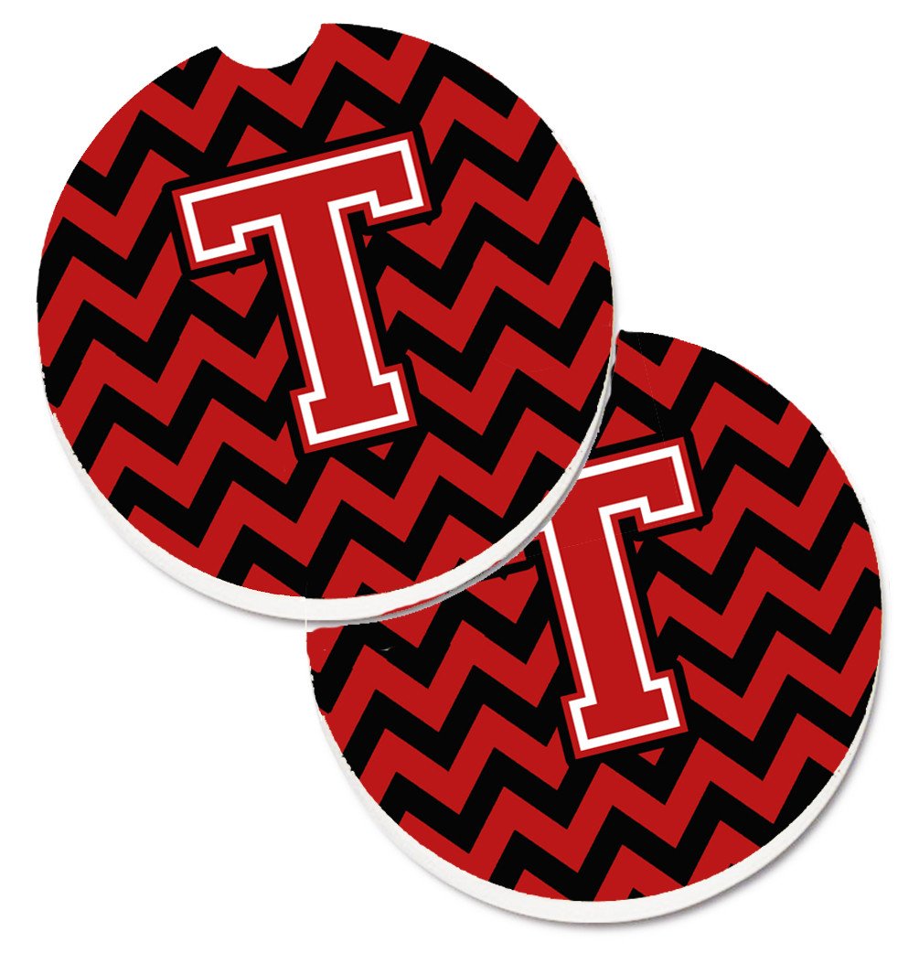 Letter T Chevron Black and Red   Set of 2 Cup Holder Car Coasters CJ1047-TCARC by Caroline&#39;s Treasures