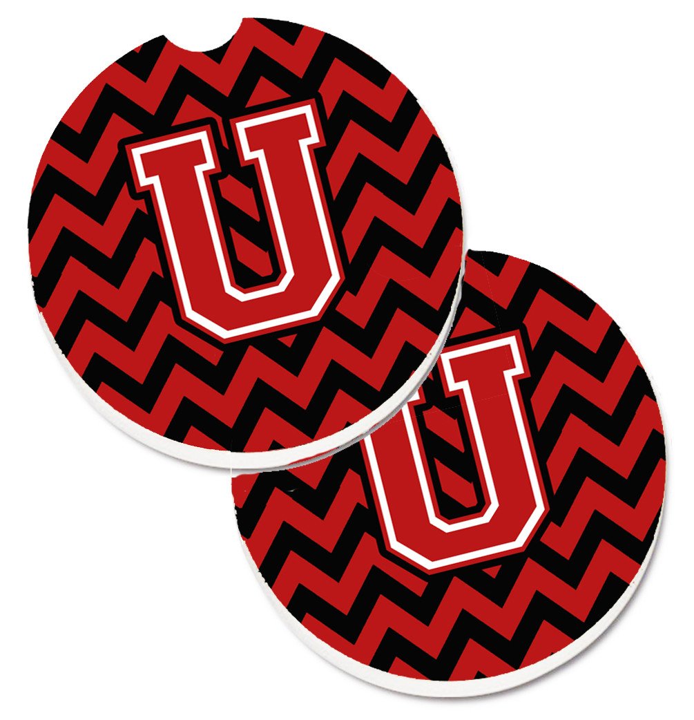 Letter U Chevron Black and Red   Set of 2 Cup Holder Car Coasters CJ1047-UCARC by Caroline's Treasures