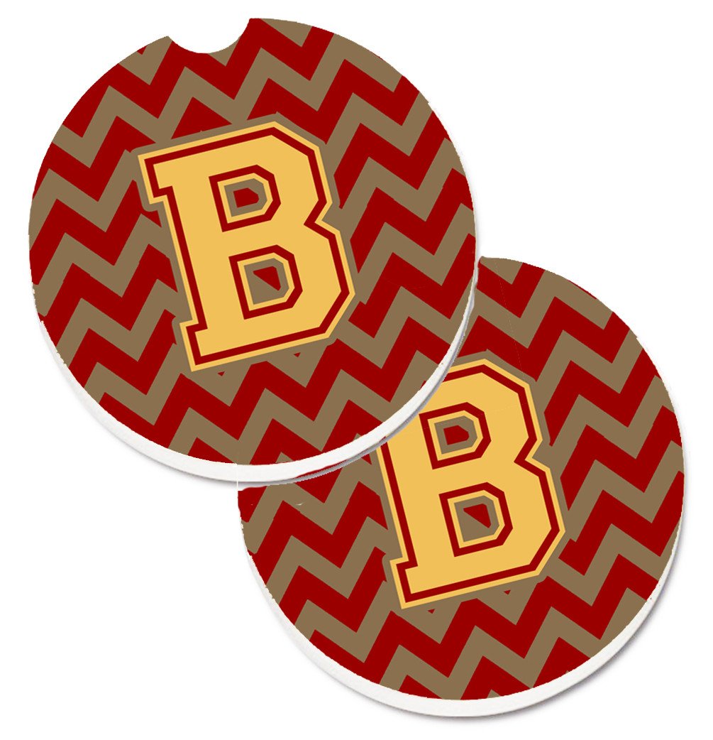 Letter B Chevron Garnet and Gold  Set of 2 Cup Holder Car Coasters CJ1048-BCARC by Caroline's Treasures