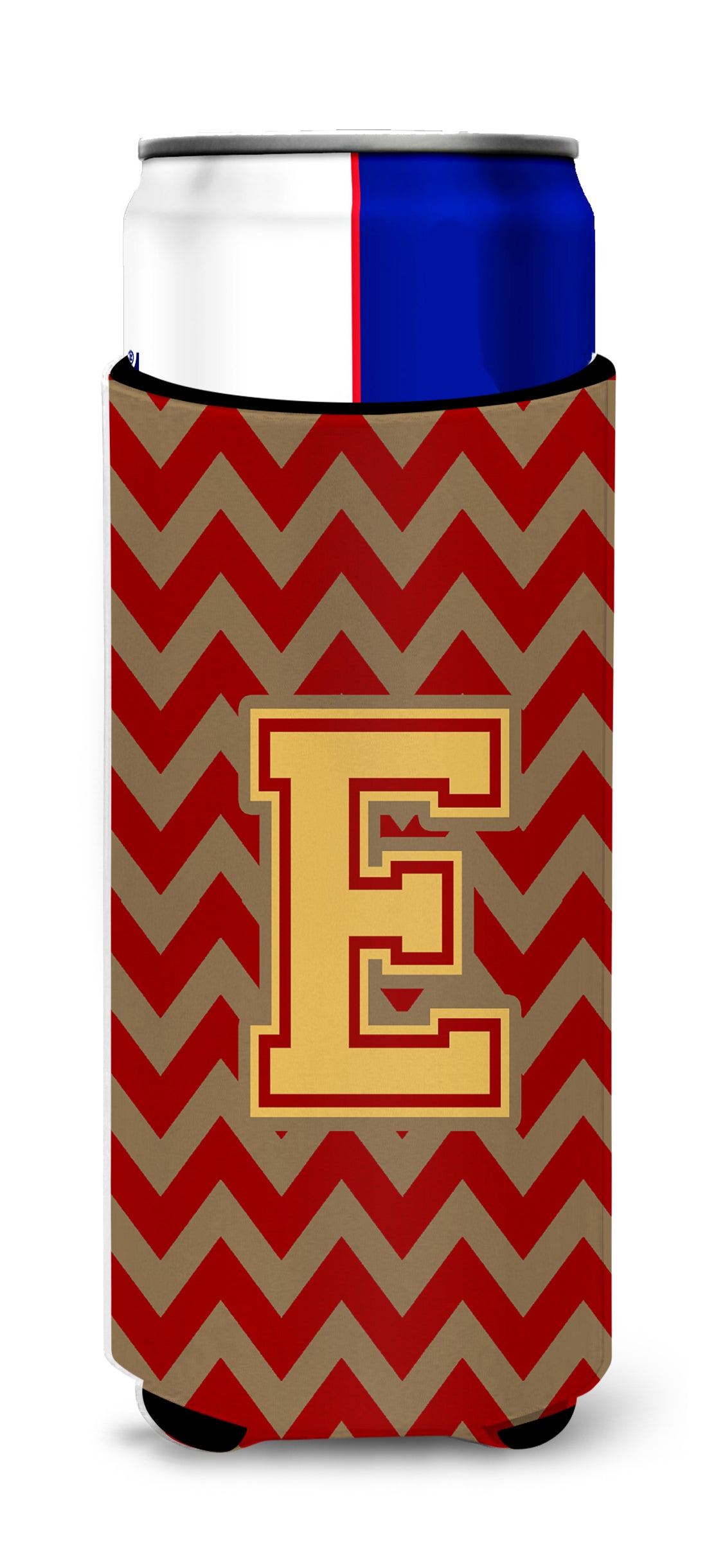 Letter E Chevron Garnet and Gold  Ultra Beverage Insulators for slim cans CJ1048-EMUK.