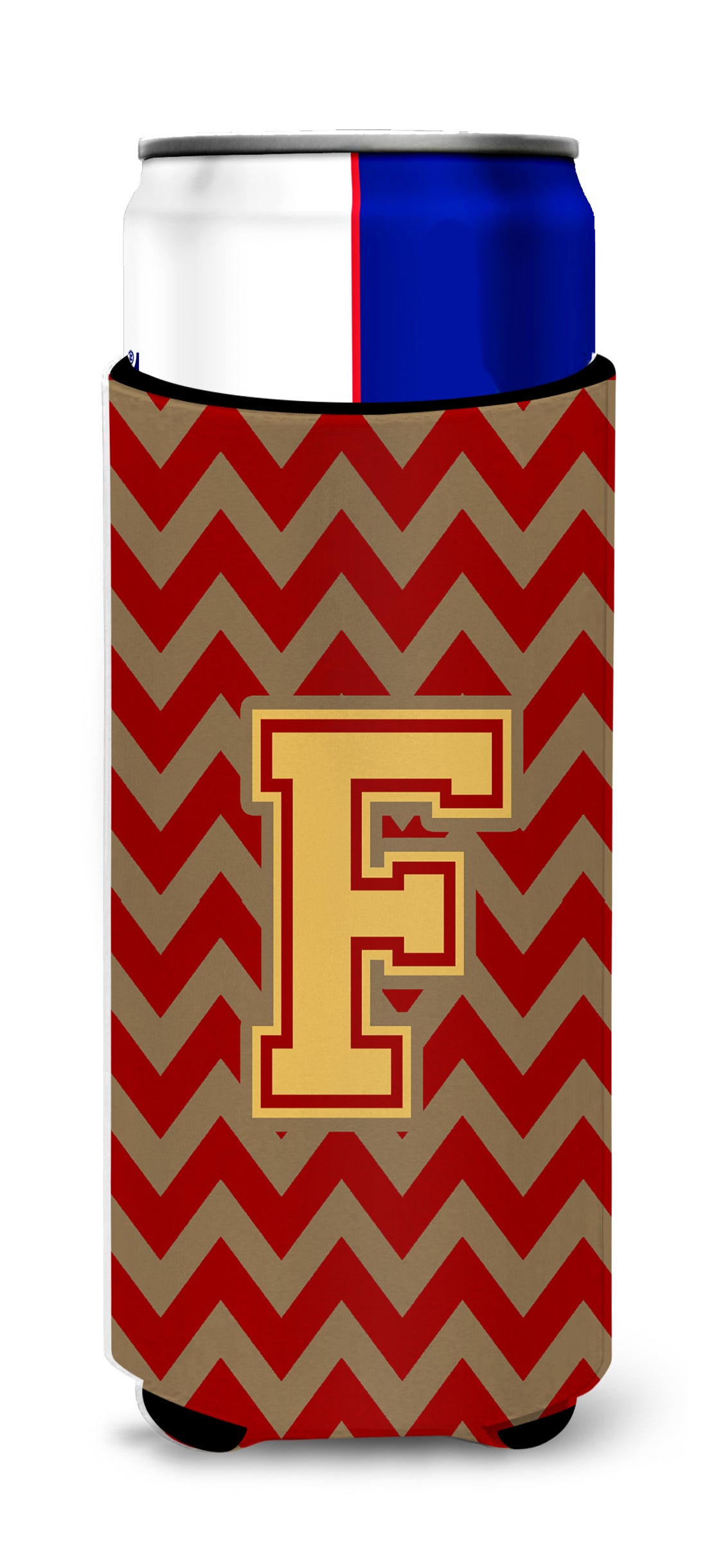 Letter F Chevron Garnet and Gold  Ultra Beverage Insulators for slim cans CJ1048-FMUK.