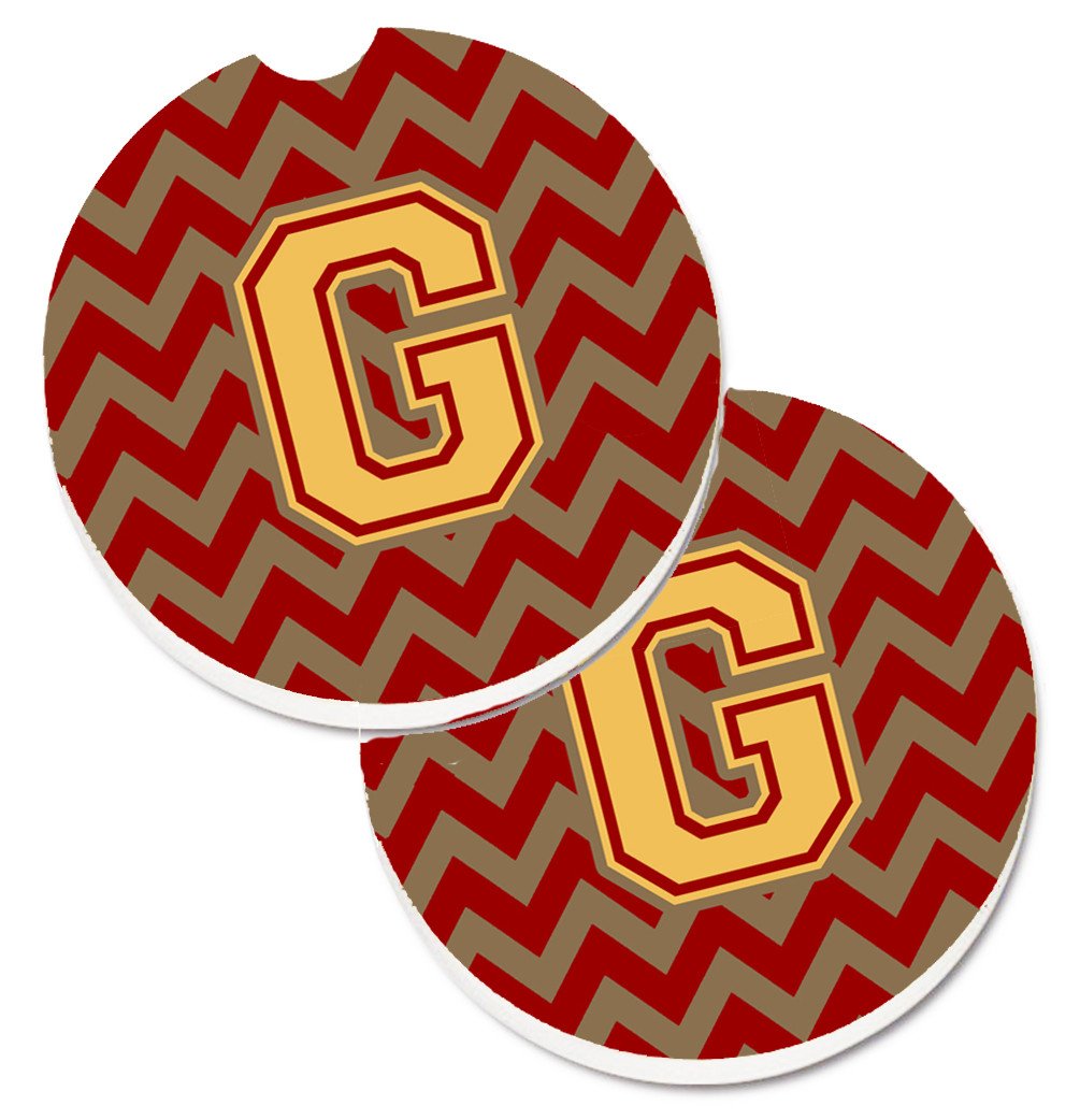 Letter G Chevron Garnet and Gold  Set of 2 Cup Holder Car Coasters CJ1048-GCARC by Caroline's Treasures