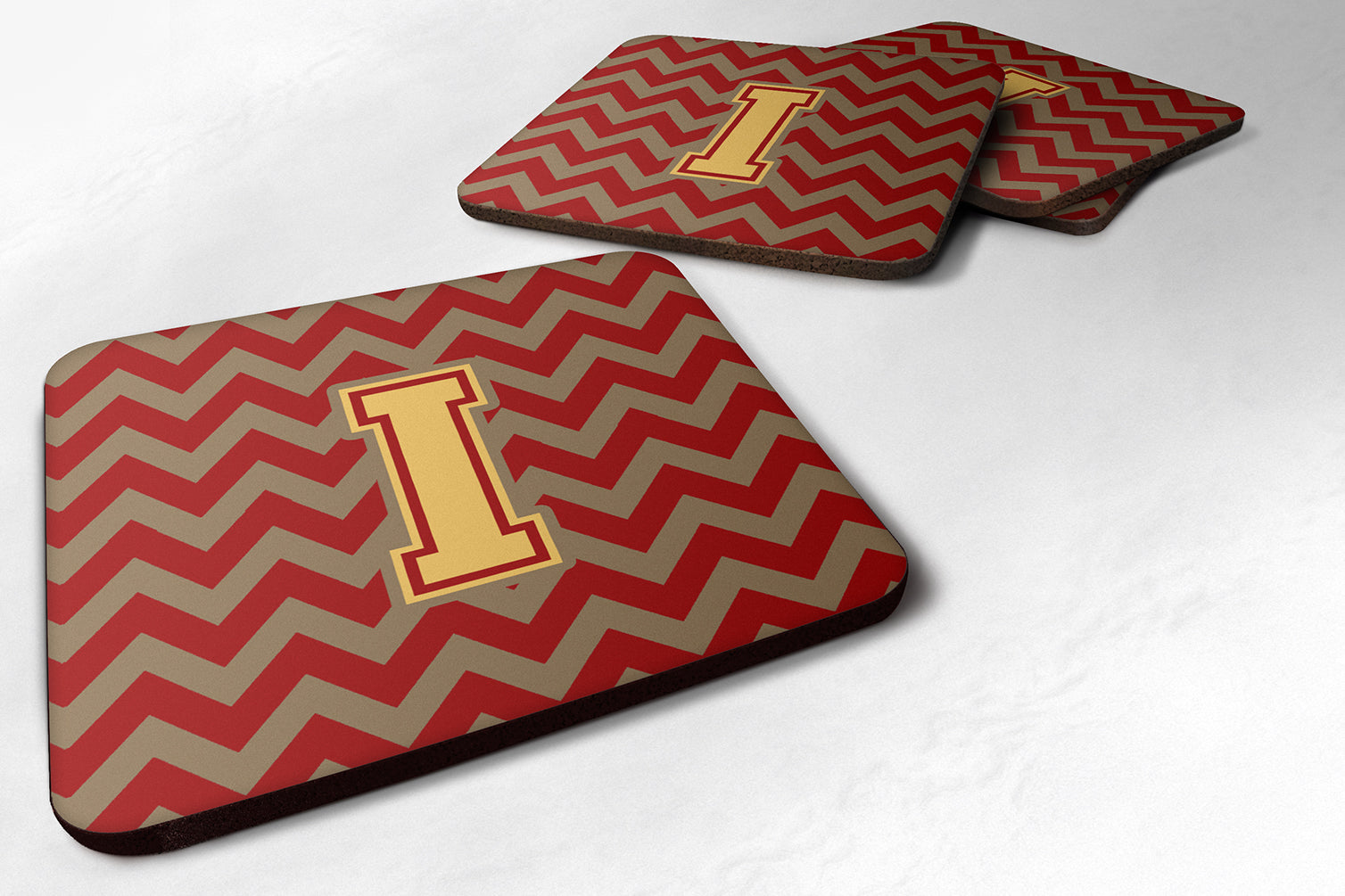 Letter I Chevron Garnet and Gold  Foam Coaster Set of 4 CJ1048-IFC - the-store.com