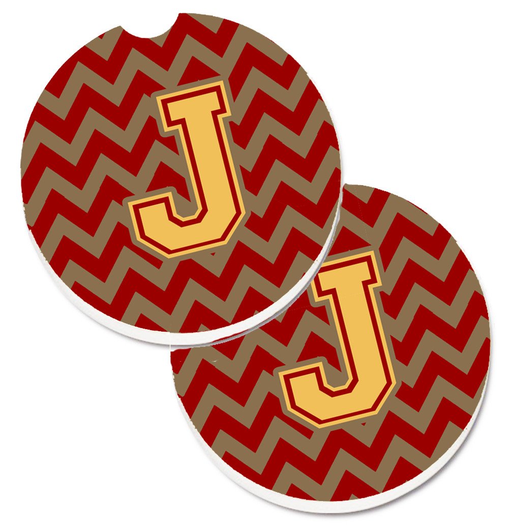 Letter J Chevron Garnet and Gold  Set of 2 Cup Holder Car Coasters CJ1048-JCARC by Caroline's Treasures