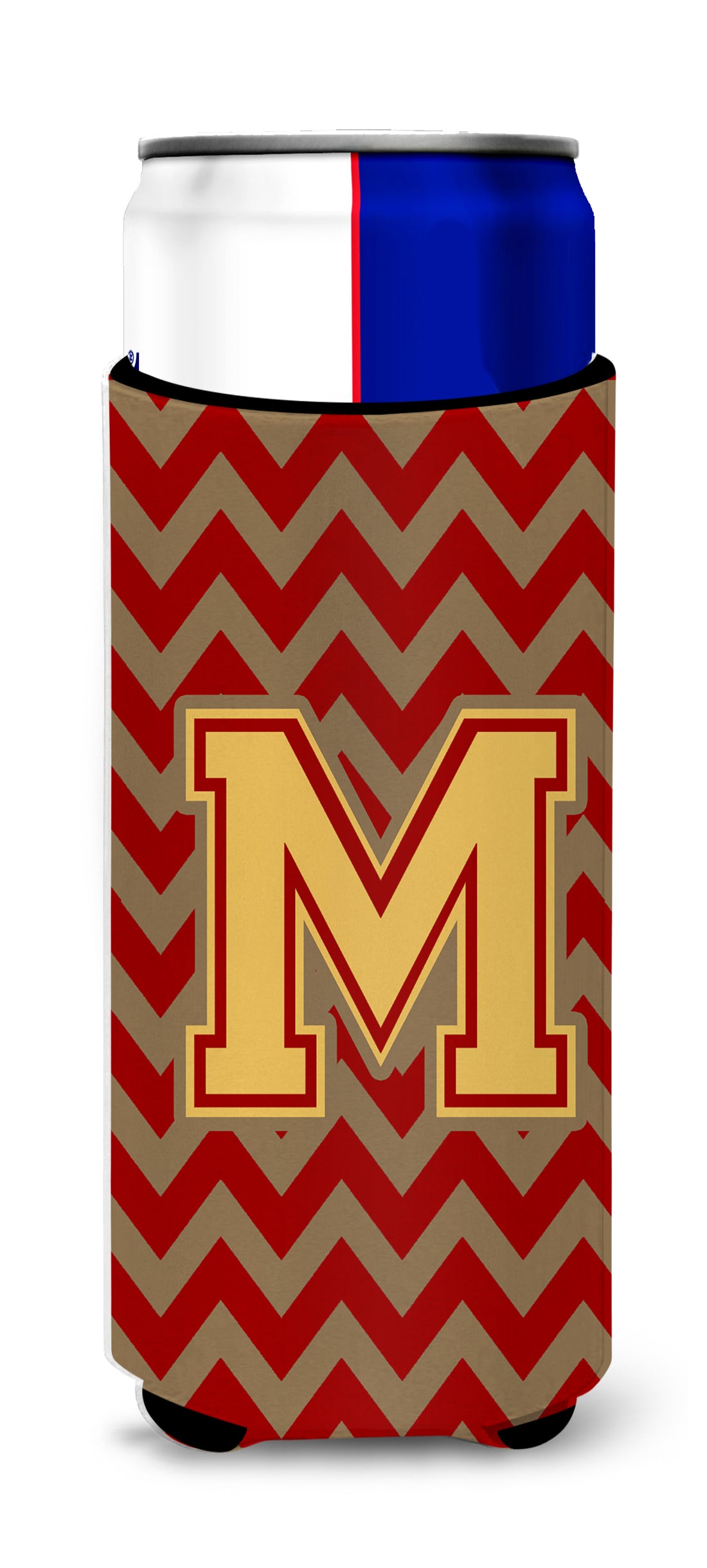 Letter M Chevron Garnet and Gold  Ultra Beverage Insulators for slim cans CJ1048-MMUK.