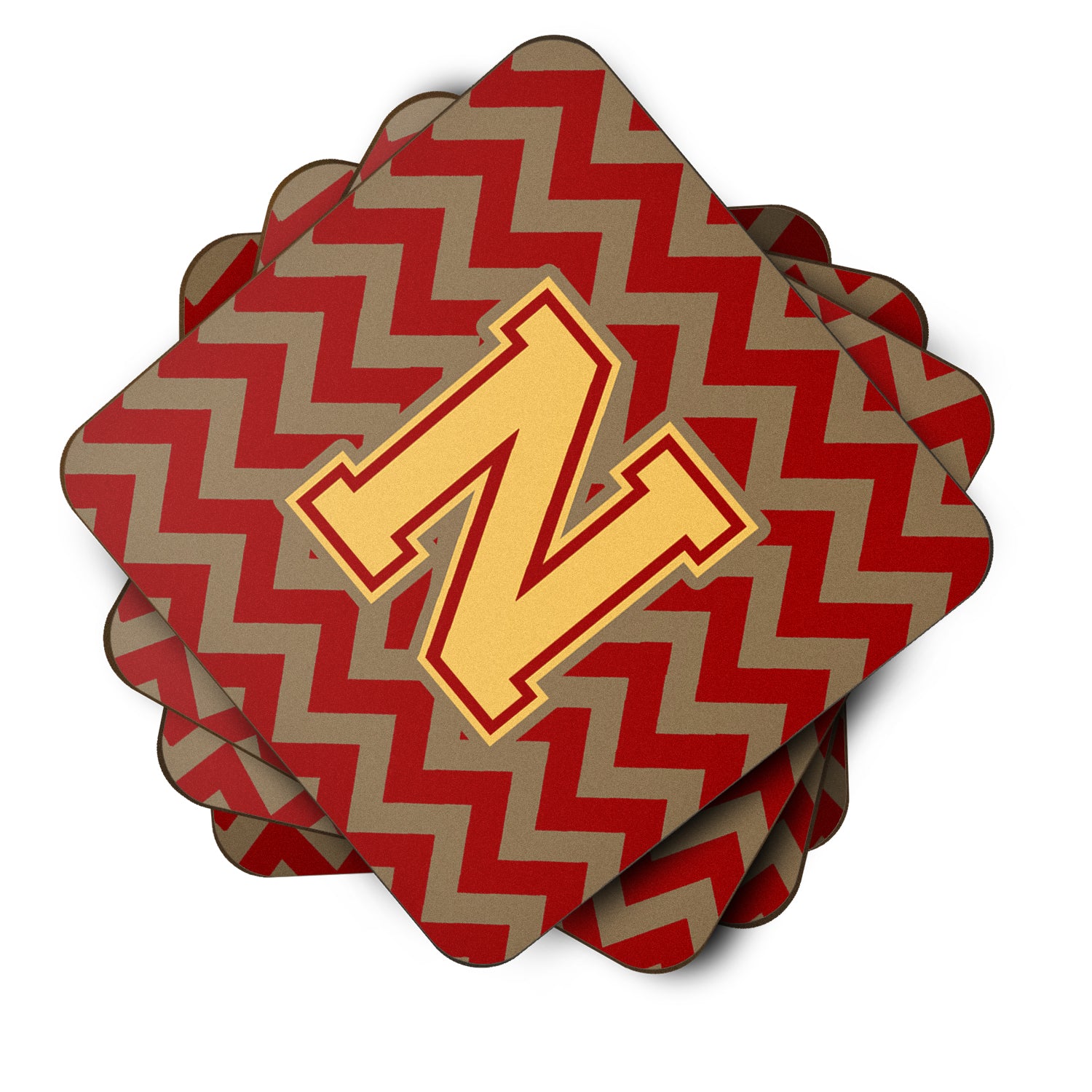 Letter N Chevron Garnet and Gold  Foam Coaster Set of 4 CJ1048-NFC - the-store.com