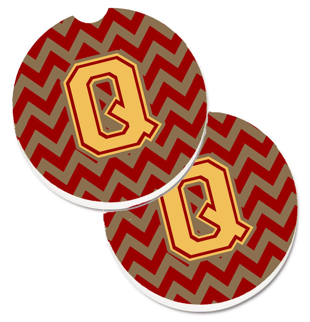 Letter Q Chevron Garnet and Gold  Set of 2 Cup Holder Car Coasters CJ1048-QCARC by Caroline's Treasures