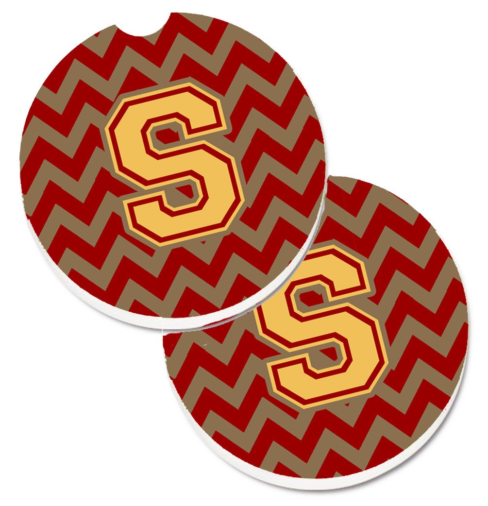 Letter S Chevron Garnet and Gold  Set of 2 Cup Holder Car Coasters CJ1048-SCARC by Caroline&#39;s Treasures