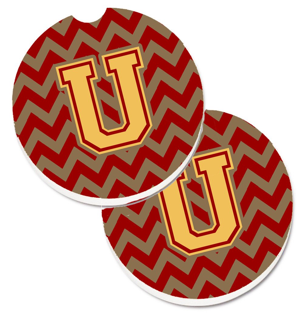 Letter U Chevron Garnet and Gold  Set of 2 Cup Holder Car Coasters CJ1048-UCARC by Caroline's Treasures