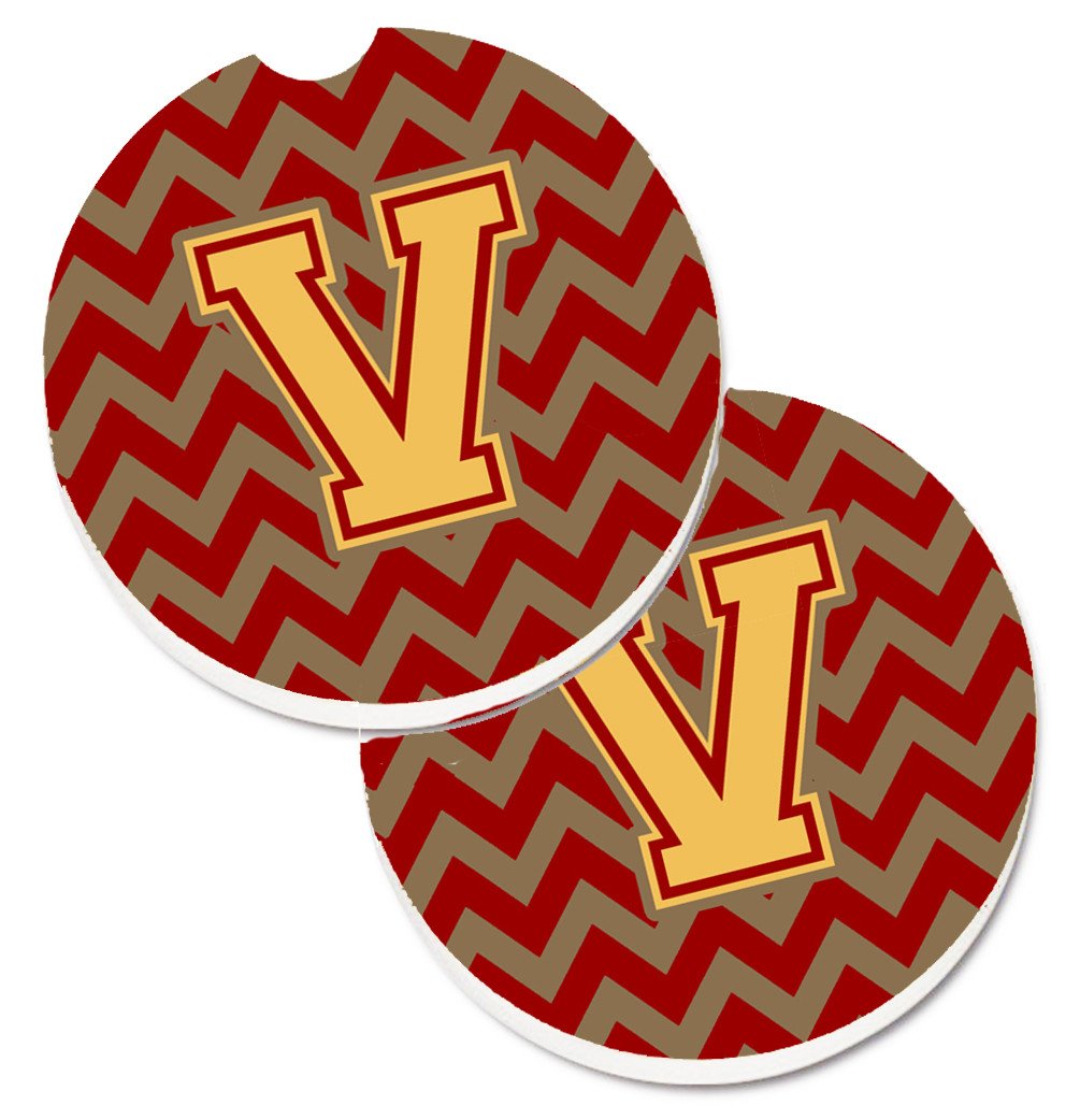 Letter V Chevron Garnet and Gold  Set of 2 Cup Holder Car Coasters CJ1048-VCARC by Caroline's Treasures