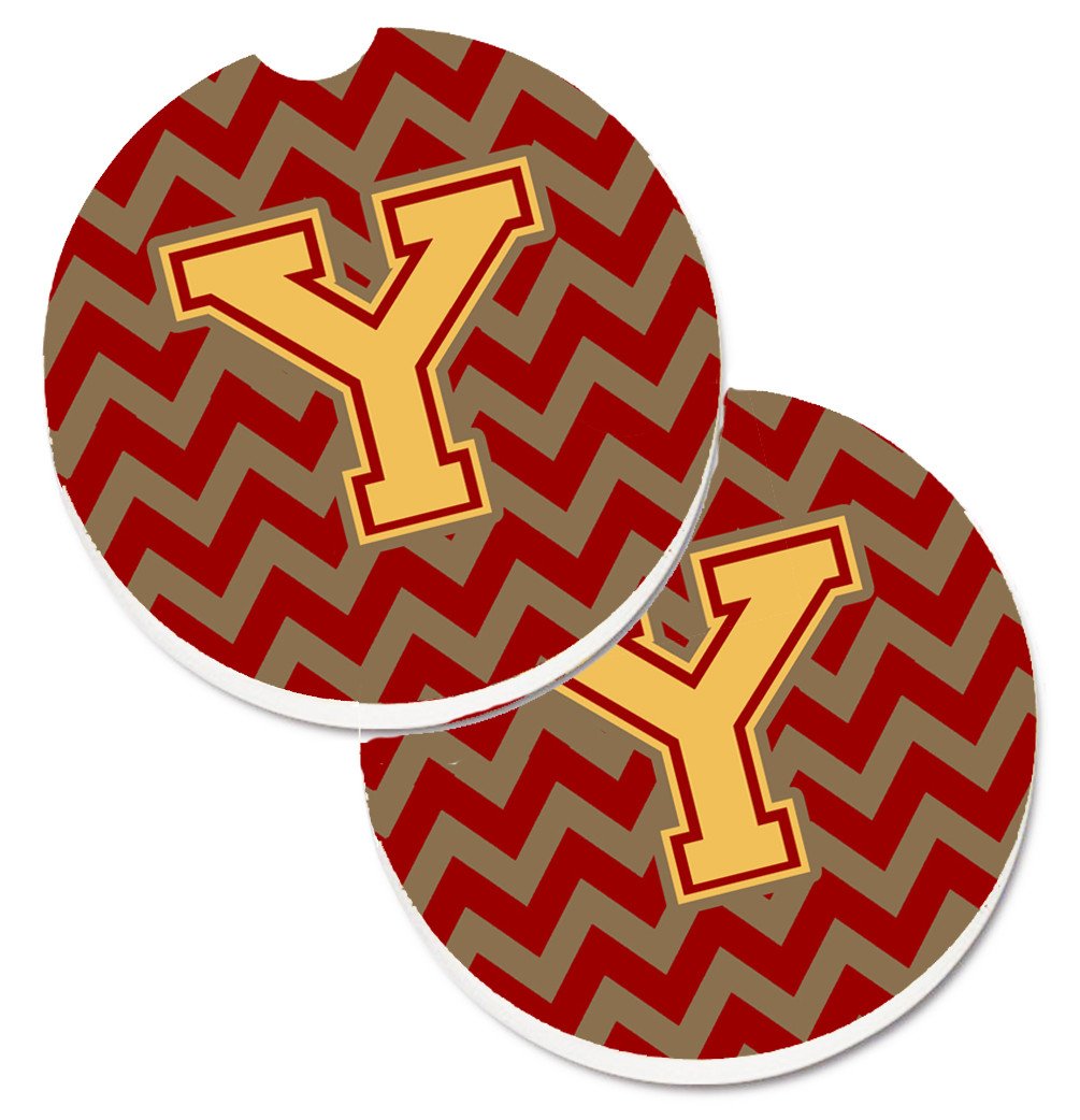 Letter Y Chevron Garnet and Gold  Set of 2 Cup Holder Car Coasters CJ1048-YCARC by Caroline's Treasures