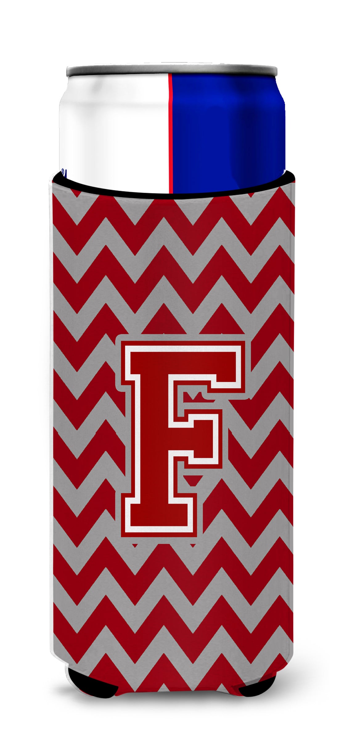 Letter F Chevron Maroon and White Ultra Beverage Insulators for slim cans CJ1049-FMUK.