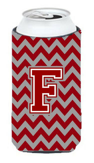 Letter F Chevron Maroon and White Tall Boy Beverage Insulator Hugger CJ1049-FTBC by Caroline's Treasures