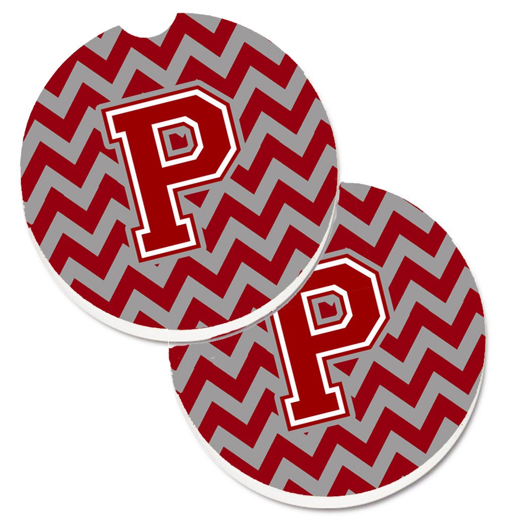 Letter P Chevron Maroon and White Set of 2 Cup Holder Car Coasters CJ1049-PCARC by Caroline&#39;s Treasures
