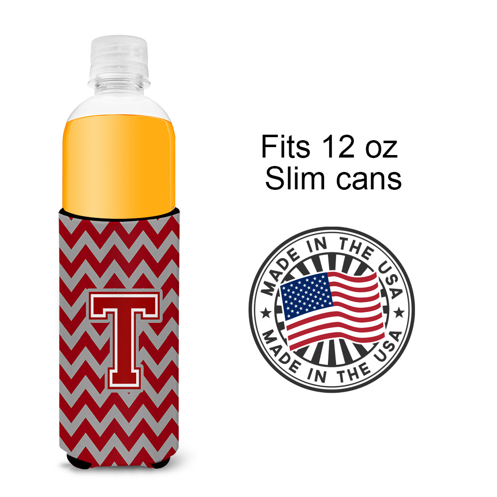 Letter T Chevron Maroon and White Ultra Beverage Insulators for slim cans CJ1049-TMUK.